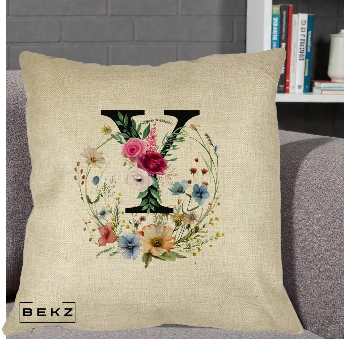 Perna Decorativa Monograma Florala Litera Y, 40x40 cm, Crem, Husa Detasabila, Perna, BEKZ®
