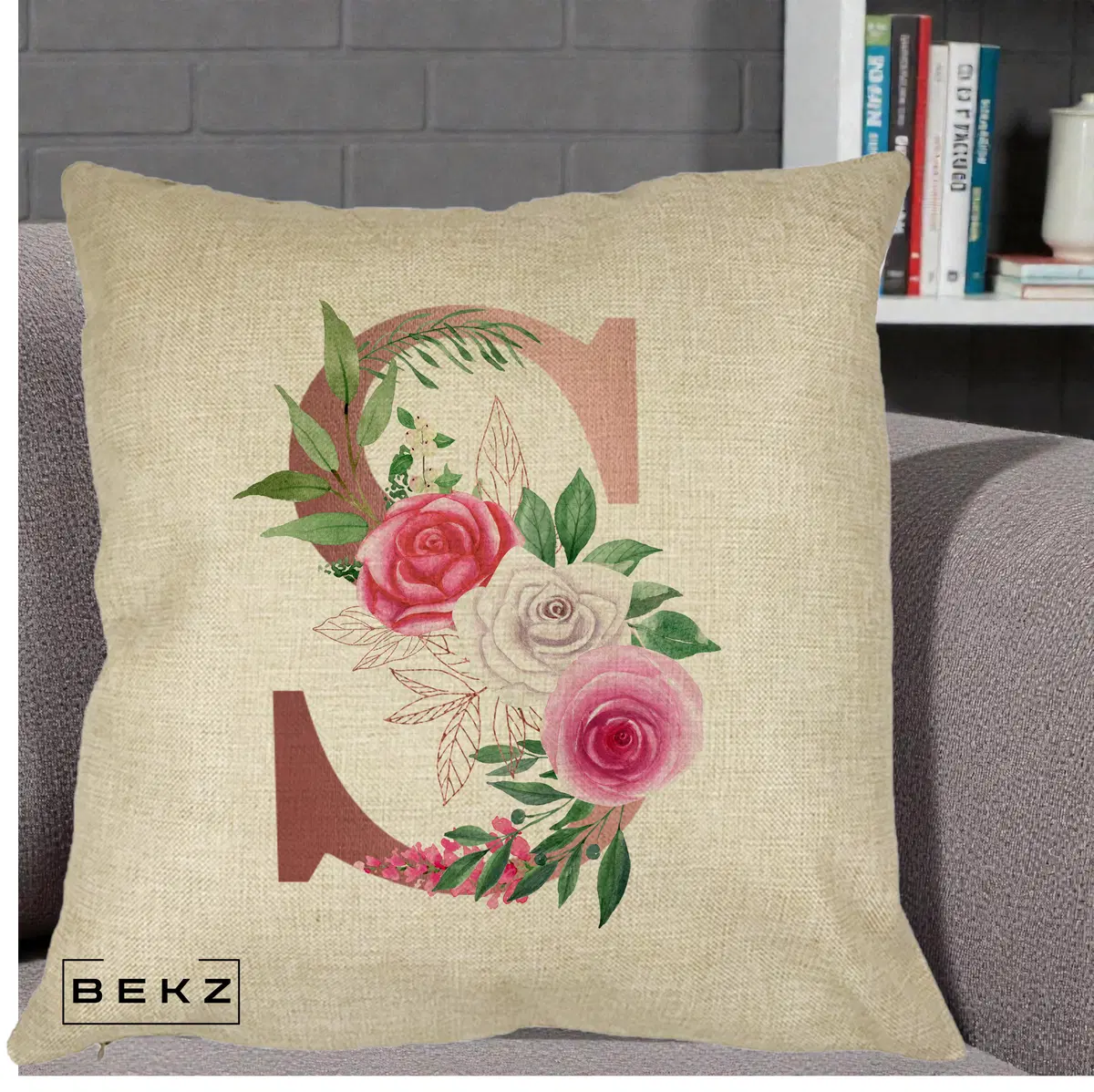 Perna Decorativa Monograma Rose Gold Litera S, 40x40 cm, Crem, Husa Detasabila, Perna, BEKZ®