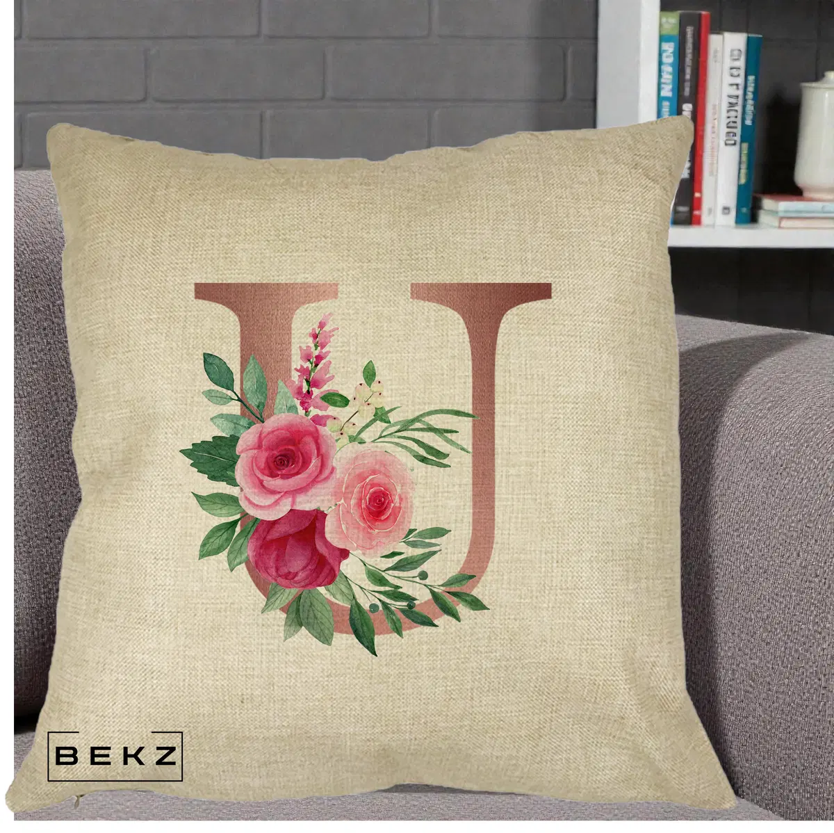 Perna Decorativa Monograma Rose Gold Litera U, 40x40 cm, Crem, Husa Detasabila, Perna, BEKZ®