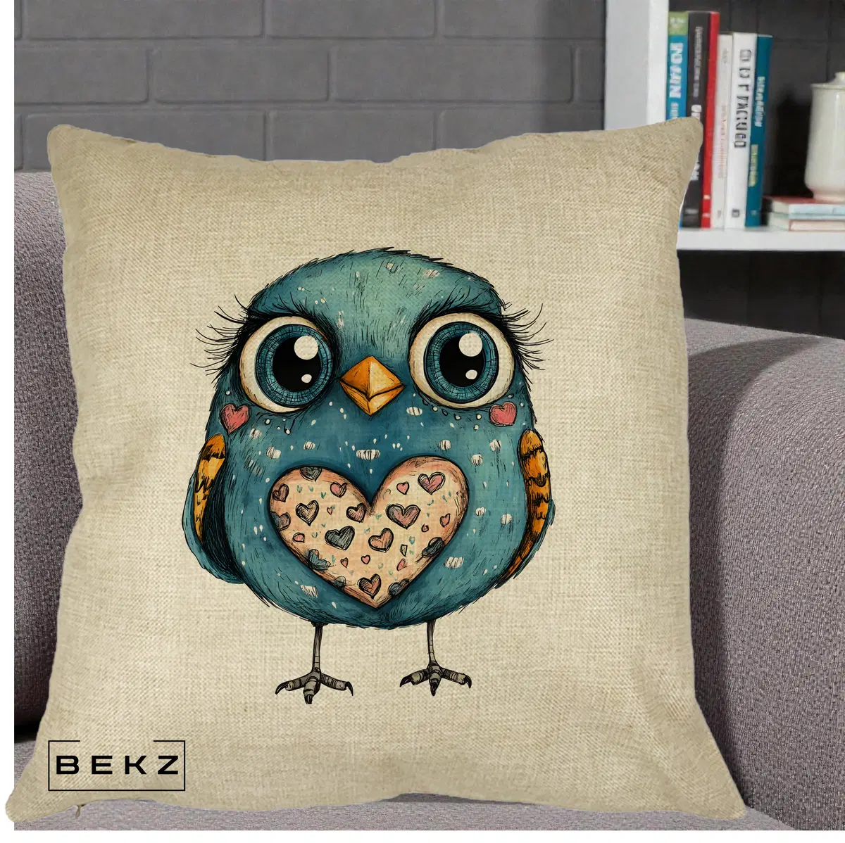 Perna Decorativa Bufnita Albastra cu Inimioare, 40x40 cm, Crem, Husa Detasabila, Perna, BEKZ®