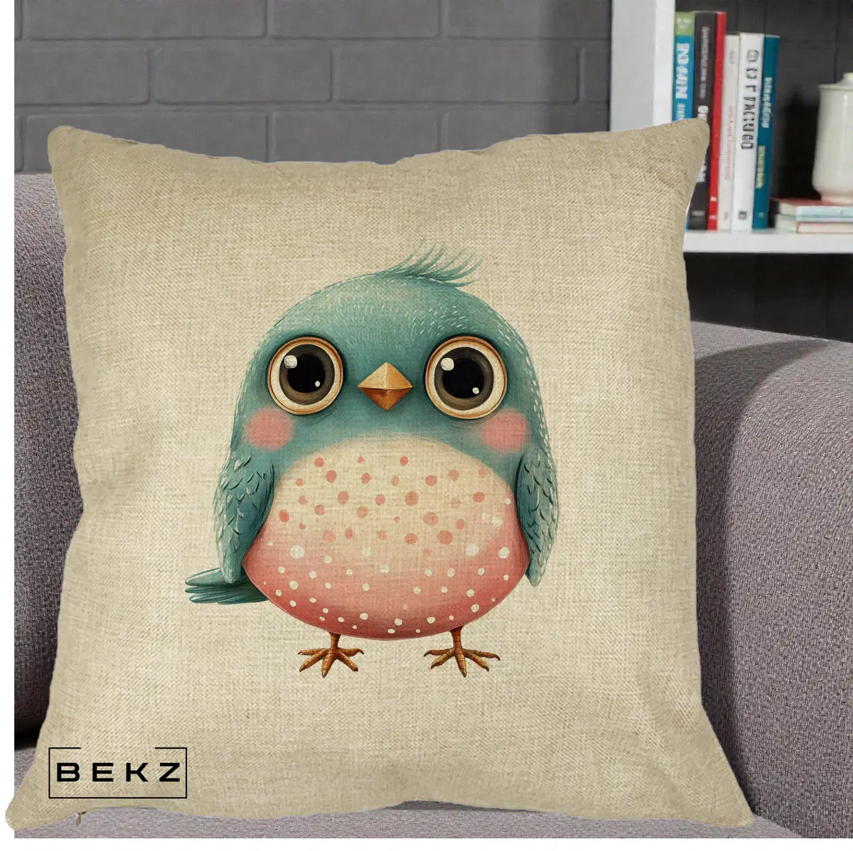 Perna Decorativa Pasare Teal-Roz cu Pete, 40x40 cm, Crem, Husa Detasabila, Perna, BEKZ®