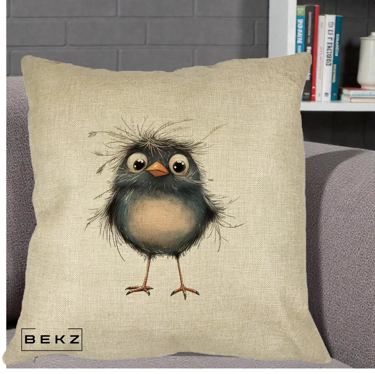 Perna Decorativa Pui Negru Zbarlit cu Pene Fine, 40x40 cm, Crem, Husa Detasabila, Perna, BEKZ®