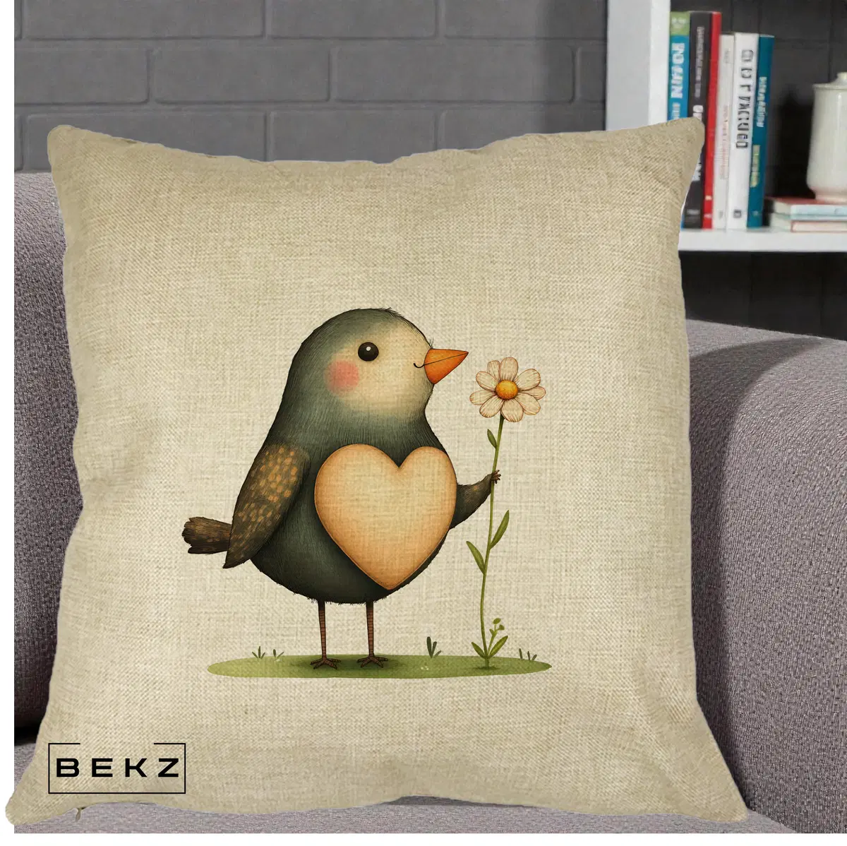 Perna Decorativa Pasare cu Inima si Margareta, 40x40 cm, Crem, Husa Detasabila, Perna, BEKZ®