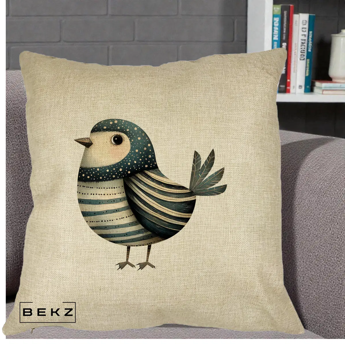 Perna Decorativa Pasare Teal Decorativa Dungata, 40x40 cm, Crem, Husa Detasabila, Perna, BEKZ®