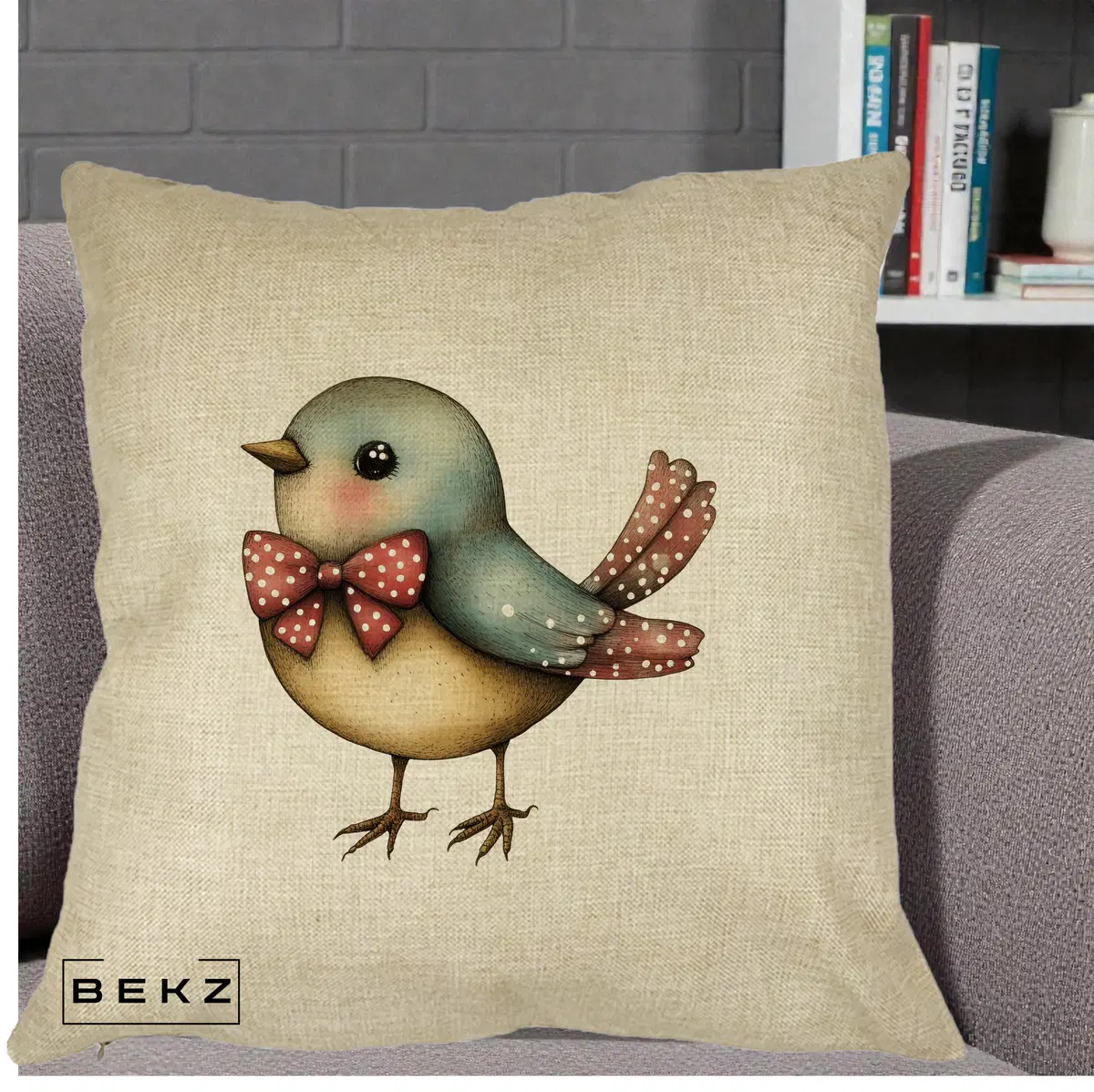 Perna Decorativa Pasare Bleu cu Fundita Rosie, 40x40 cm, Crem, Husa Detasabila, Perna, BEKZ®