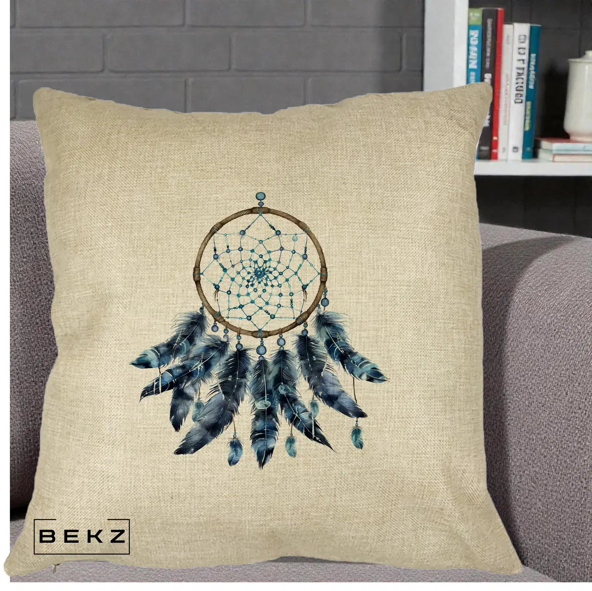 Perna Decorativa Prinzator de Vise cu Pene Albastre, 40x40 cm, Crem, Husa Detasabila, Perna, BEKZ®
