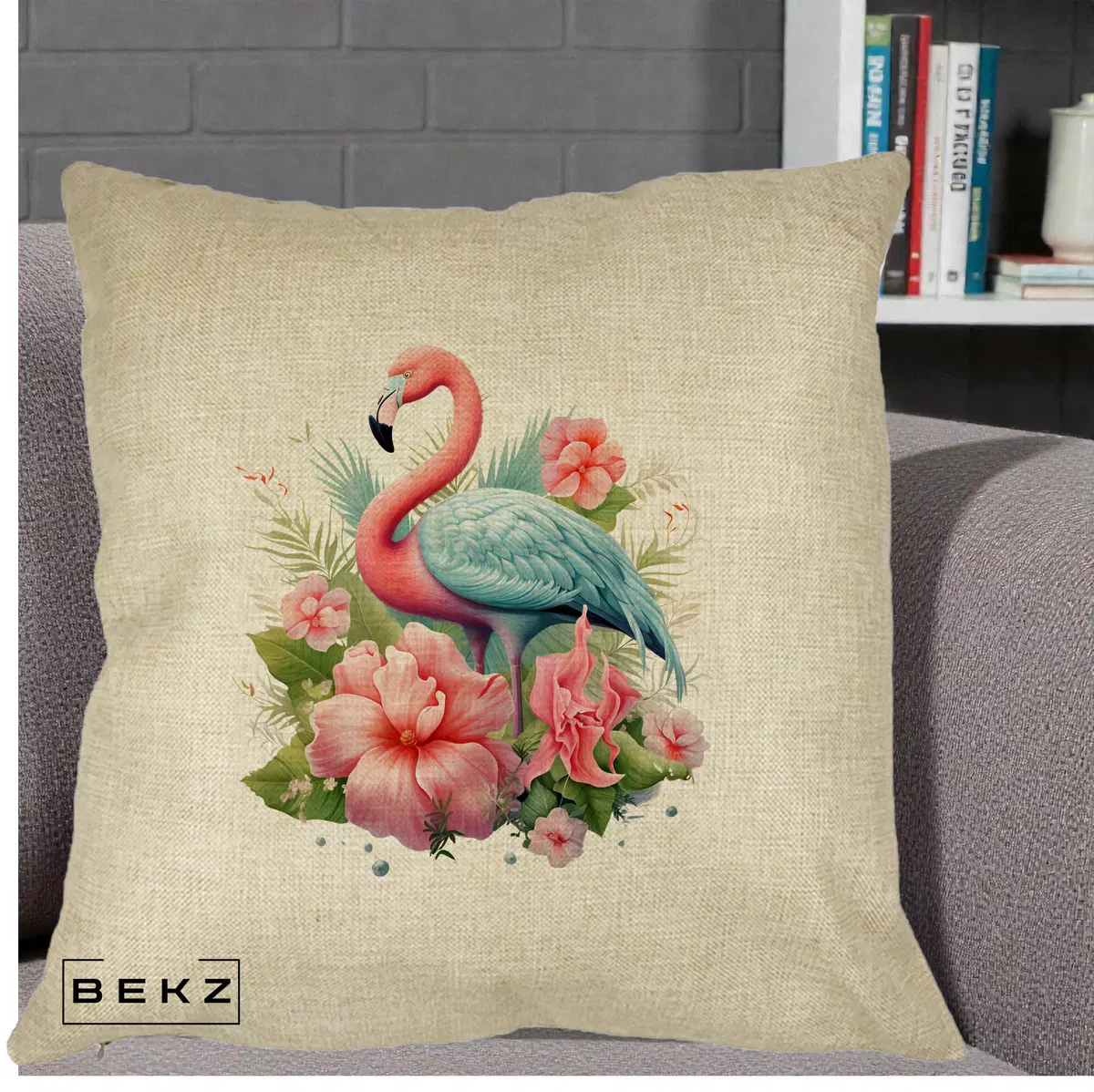 Perna Decorativa Flamingo cu Hibiscus Tropical, 40x40 cm, Crem, Husa Detasabila, Perna, BEKZ®