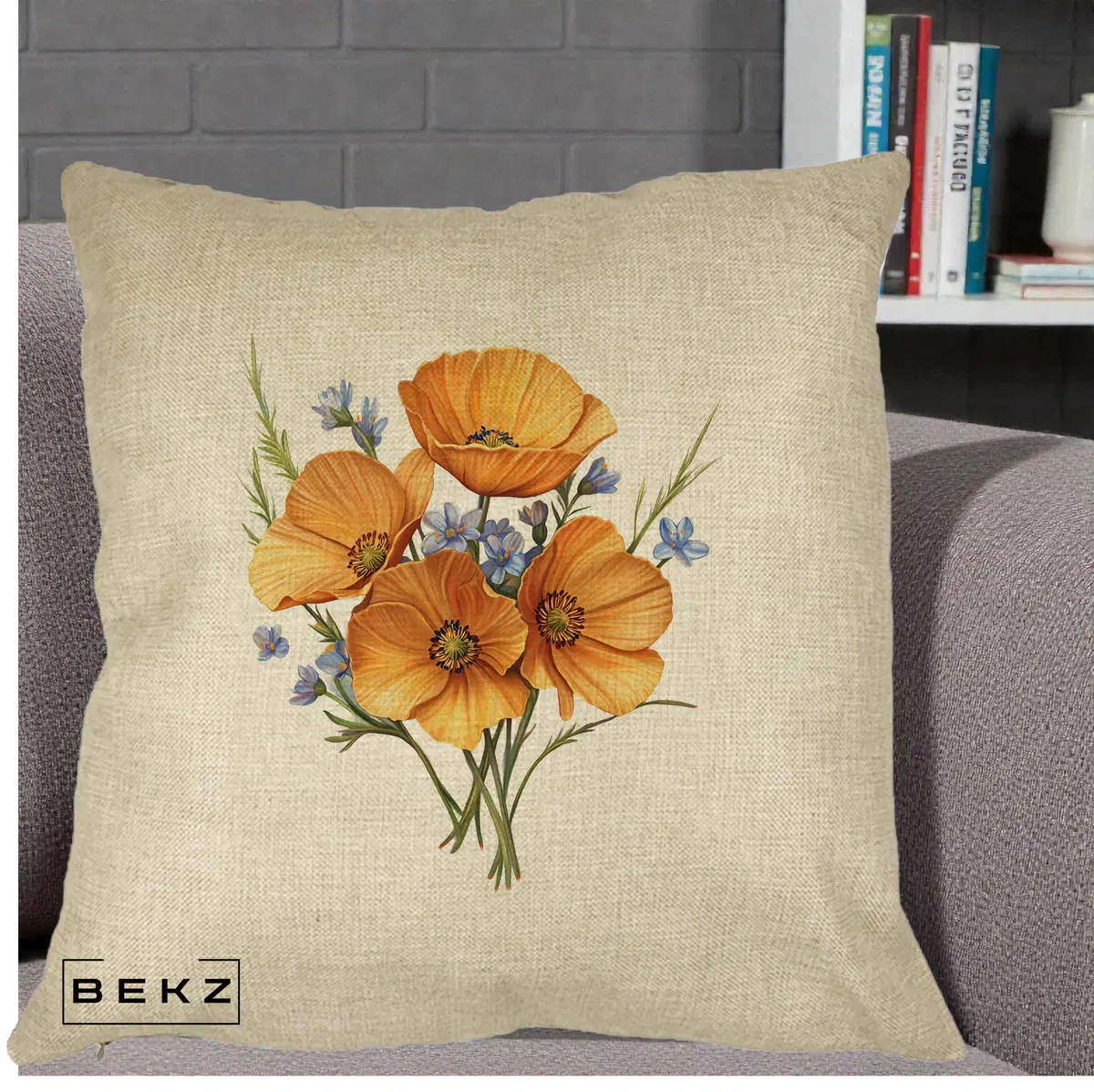 Perna Decorativa Maci Portocalii cu Floricele Albastre, 40x40 cm, Crem, Husa Detasabila, Perna, BEKZ®