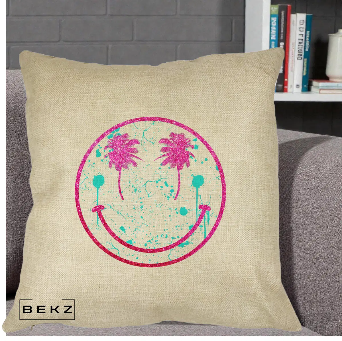 Perna Decorativa Smiley Face Tropical Glitter Roz, 40x40 cm, Crem, Husa Detasabila, Perna, BEKZ®