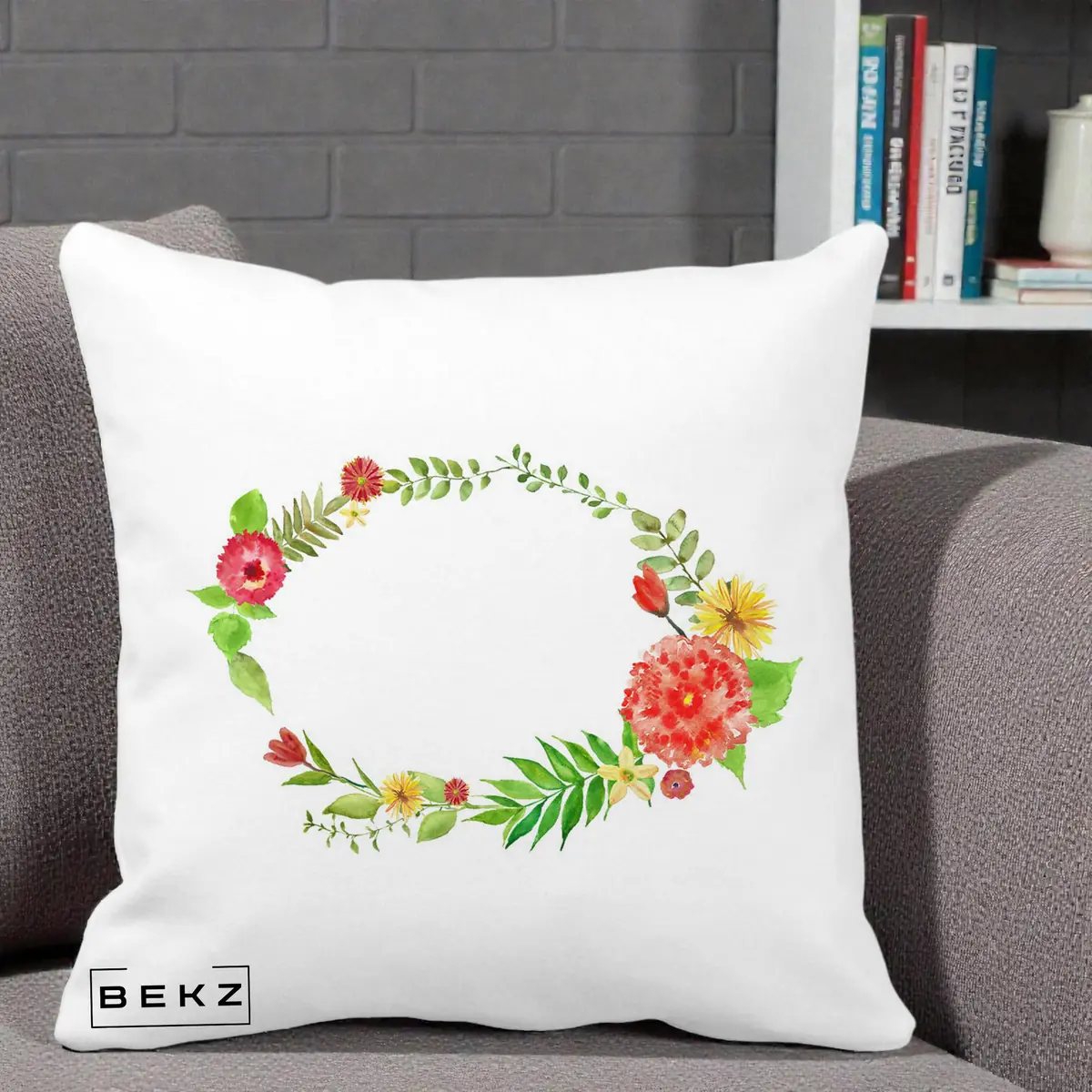 Perna Decorativa Coroana Florala Acuarela, 40x40 cm, Alba Mata, Husa Detasabila, Perna, BEKZ®