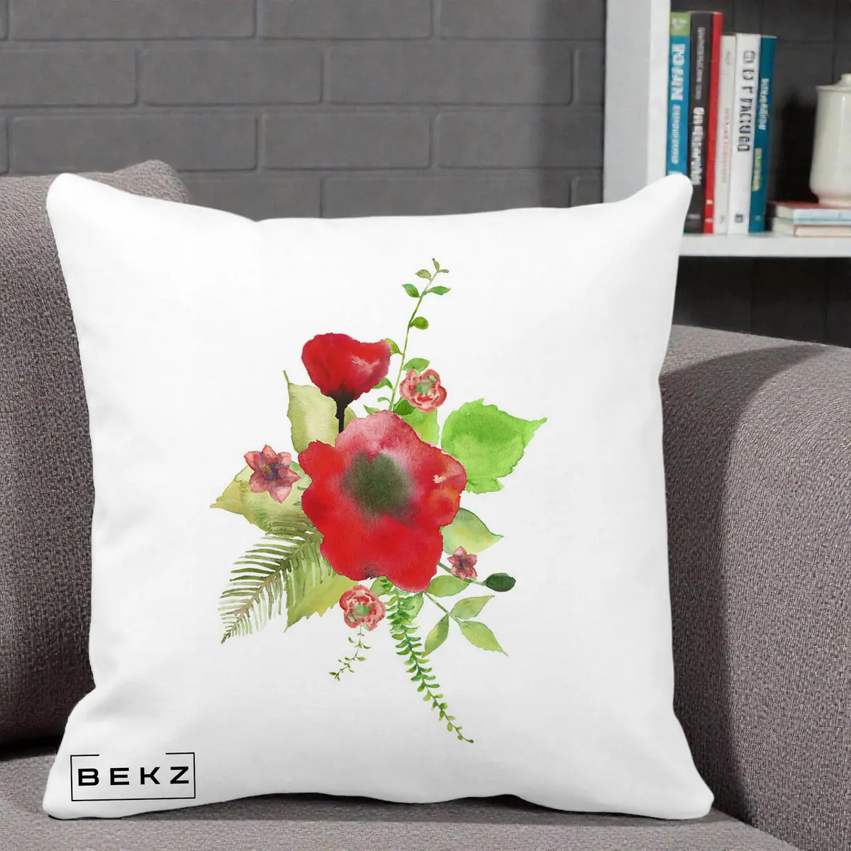 Perna Decorativa Buchet Rosu Acuarela, 40x40 cm, Alba Mata, Husa Detasabila, Perna, BEKZ®