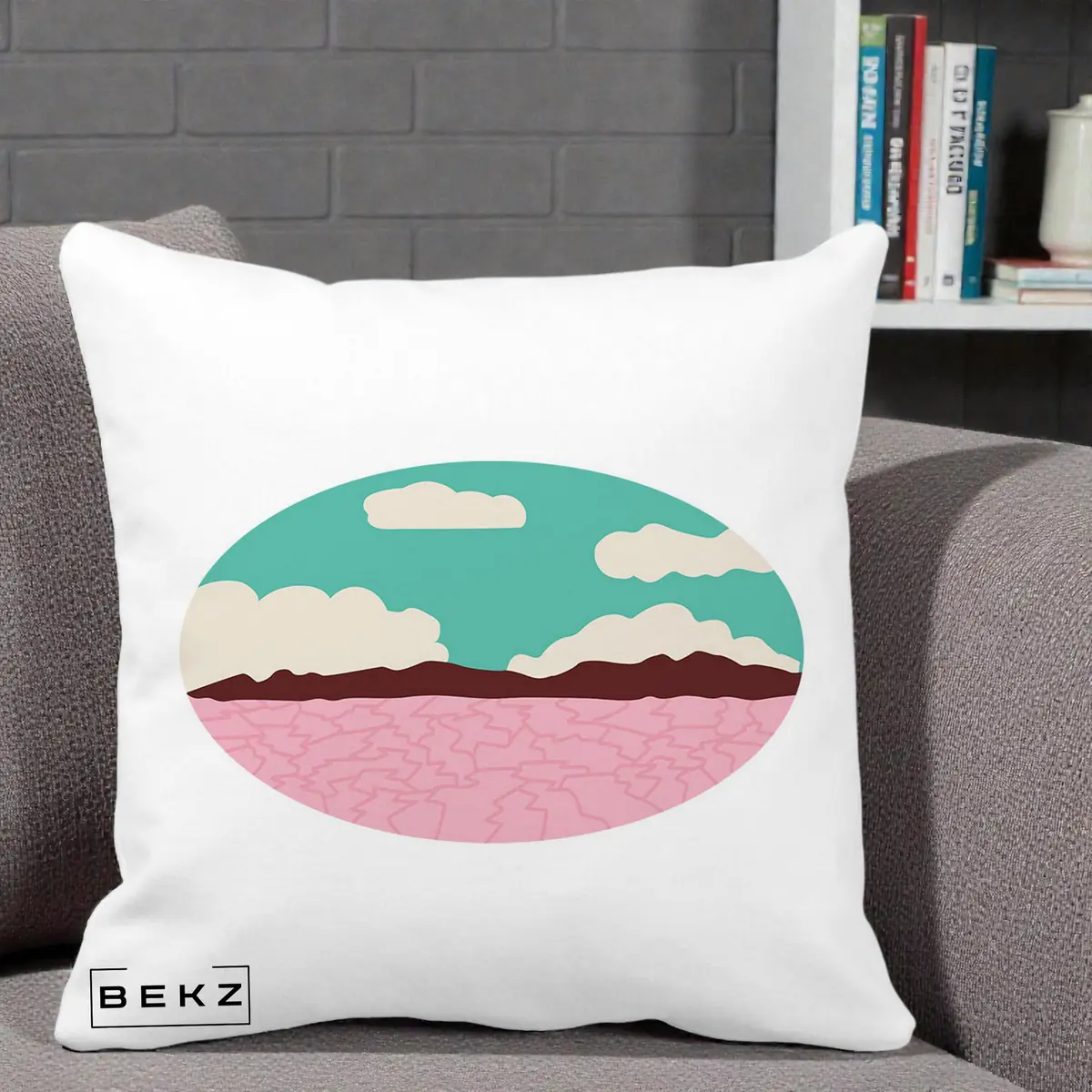 Perna Decorativa Peisaj Desert Oval Pastel, 40x40 cm, Alba Mata, Husa Detasabila, Perna, BEKZ®