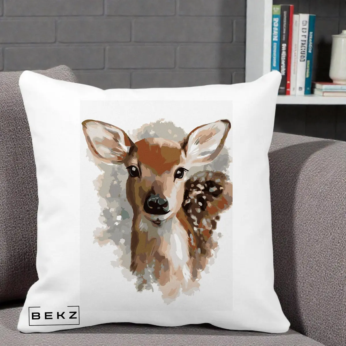 Perna Decorativa Caprioara Pui Acuarela, 40x40 cm, Alba Mata, Husa Detasabila, Perna, BEKZ®