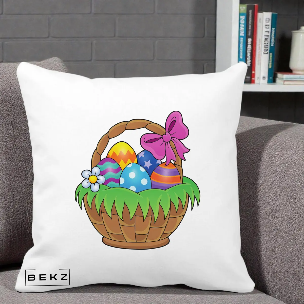 Perna Decorativa Cos cu Oua de Pasti Colorat, 40x40 cm, Alba Mata, Husa Detasabila, Perna, BEKZ®