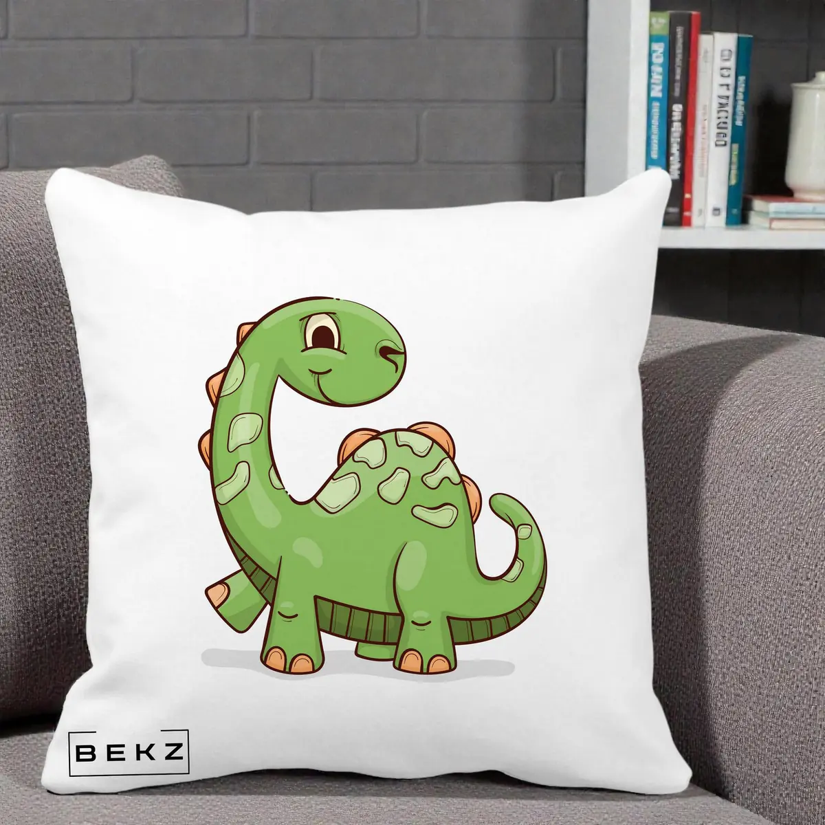 Perna Decorativa Brontosaur Verde Simpatic, 40x40 cm, Alba Mata, Husa Detasabila, Perna, BEKZ®