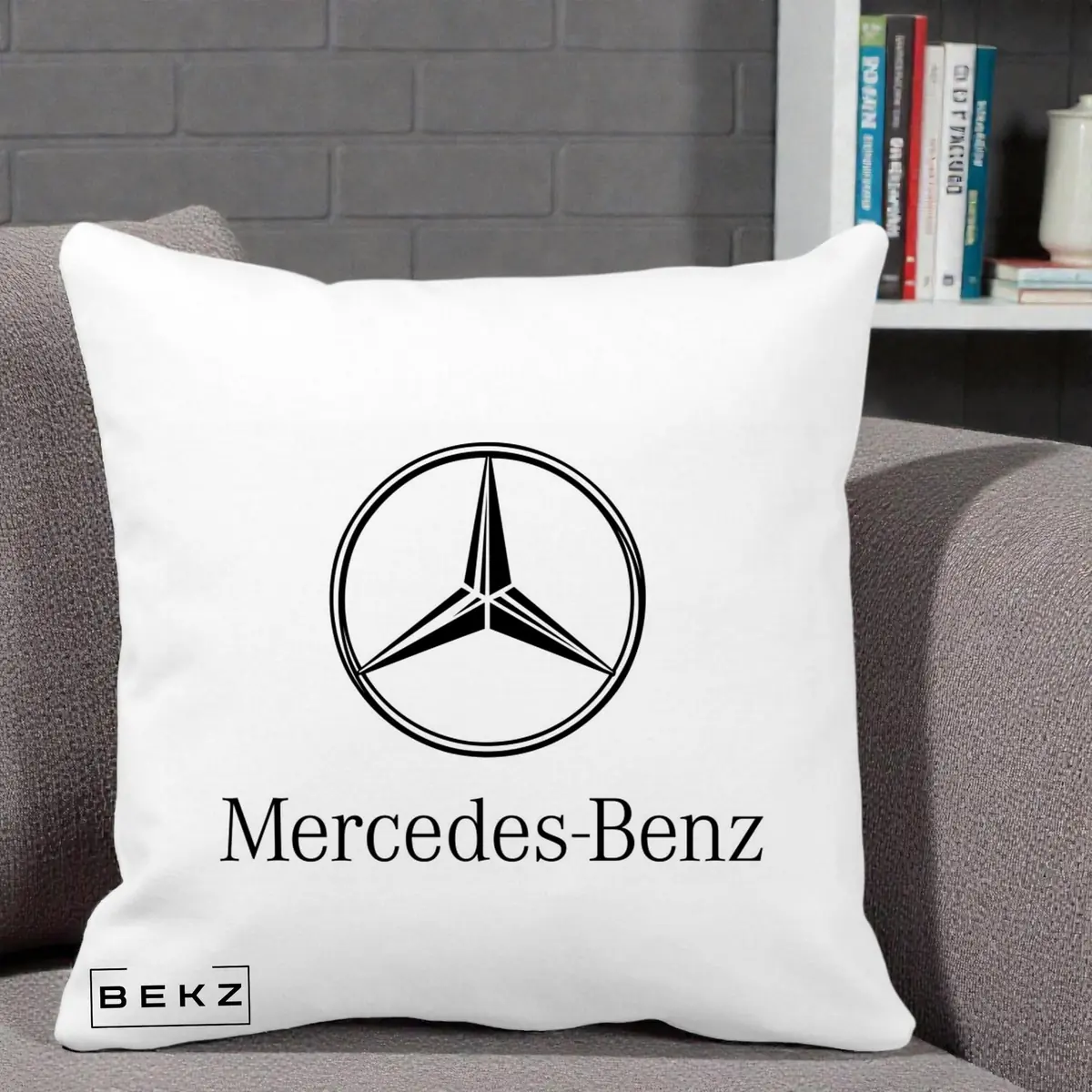 Perna Decorativa Mercedes-Benz Logo Negru, 40x40 cm, Alba Mata, Husa Detasabila, Perna, BEKZ®