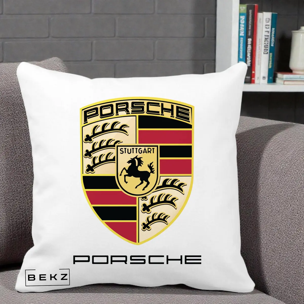 Perna Decorativa Porsche Stuttgart, 40x40 cm, Alba Mata, Husa Detasabila, Perna, BEKZ®