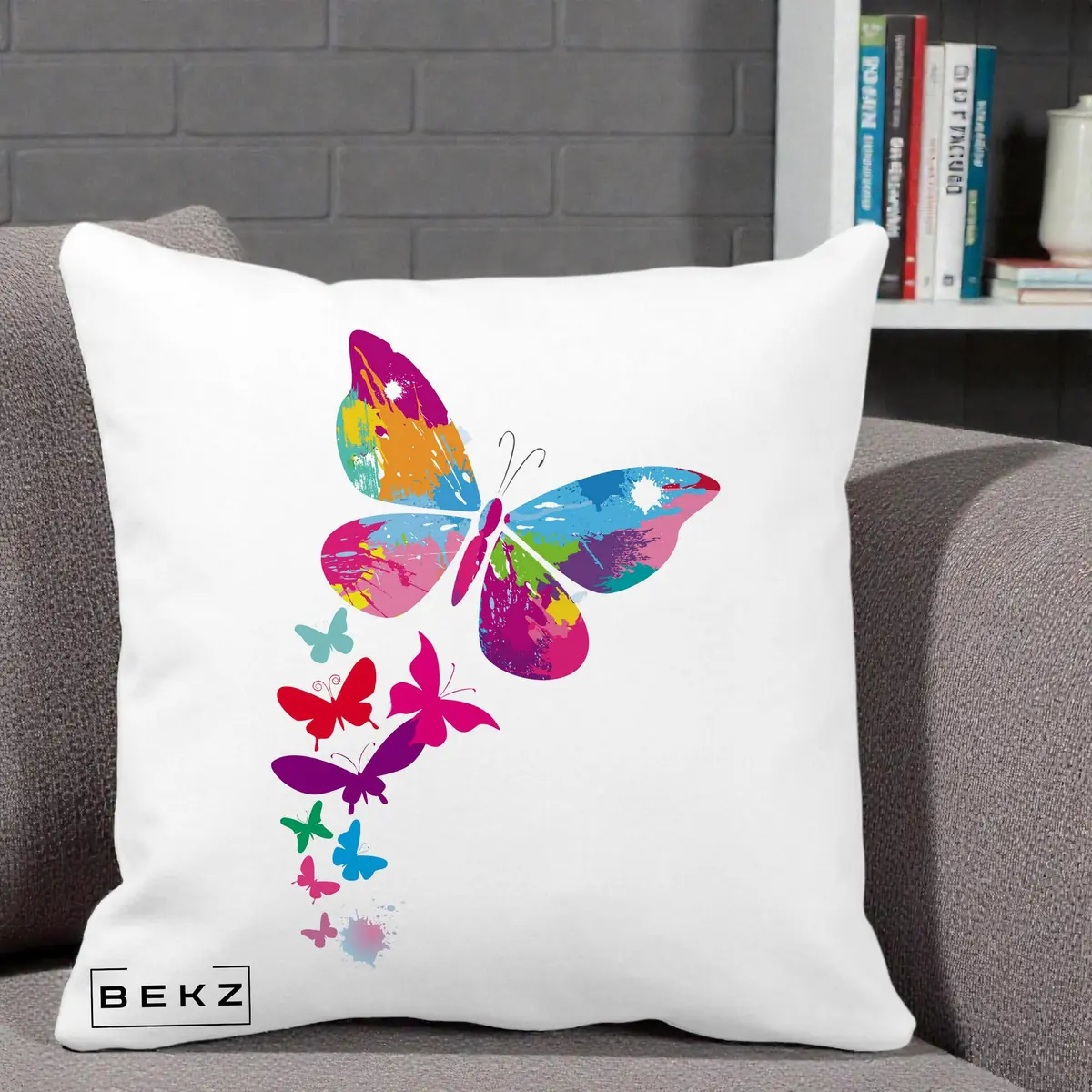Perna Decorativa Fluturi Splash, 40x40 cm, Alba Mata, Husa Detasabila, Perna, BEKZ®