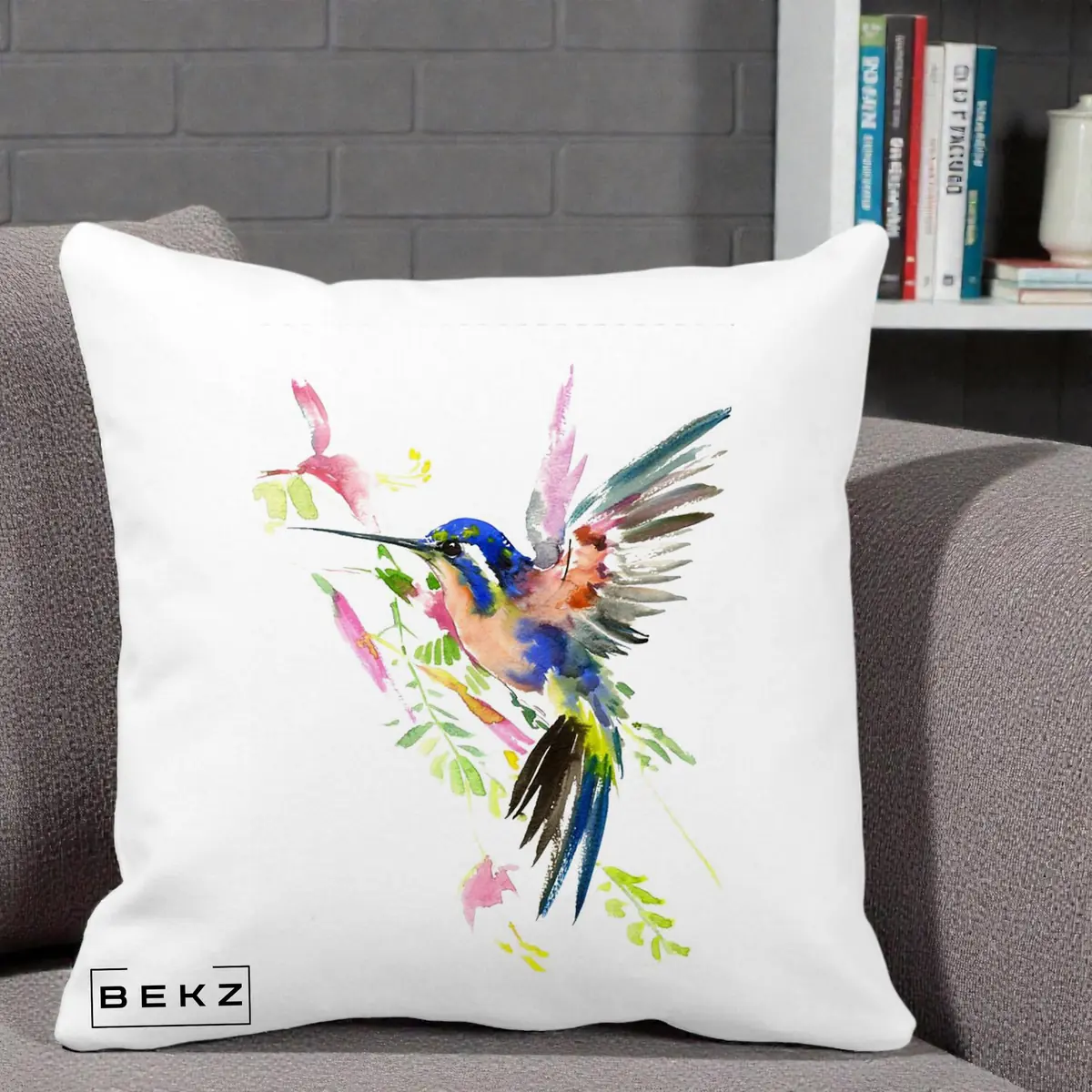 Perna Decorativa Colibri Acuarela, 40x40 cm, Alba Mata, Husa Detasabila, Perna, BEKZ®