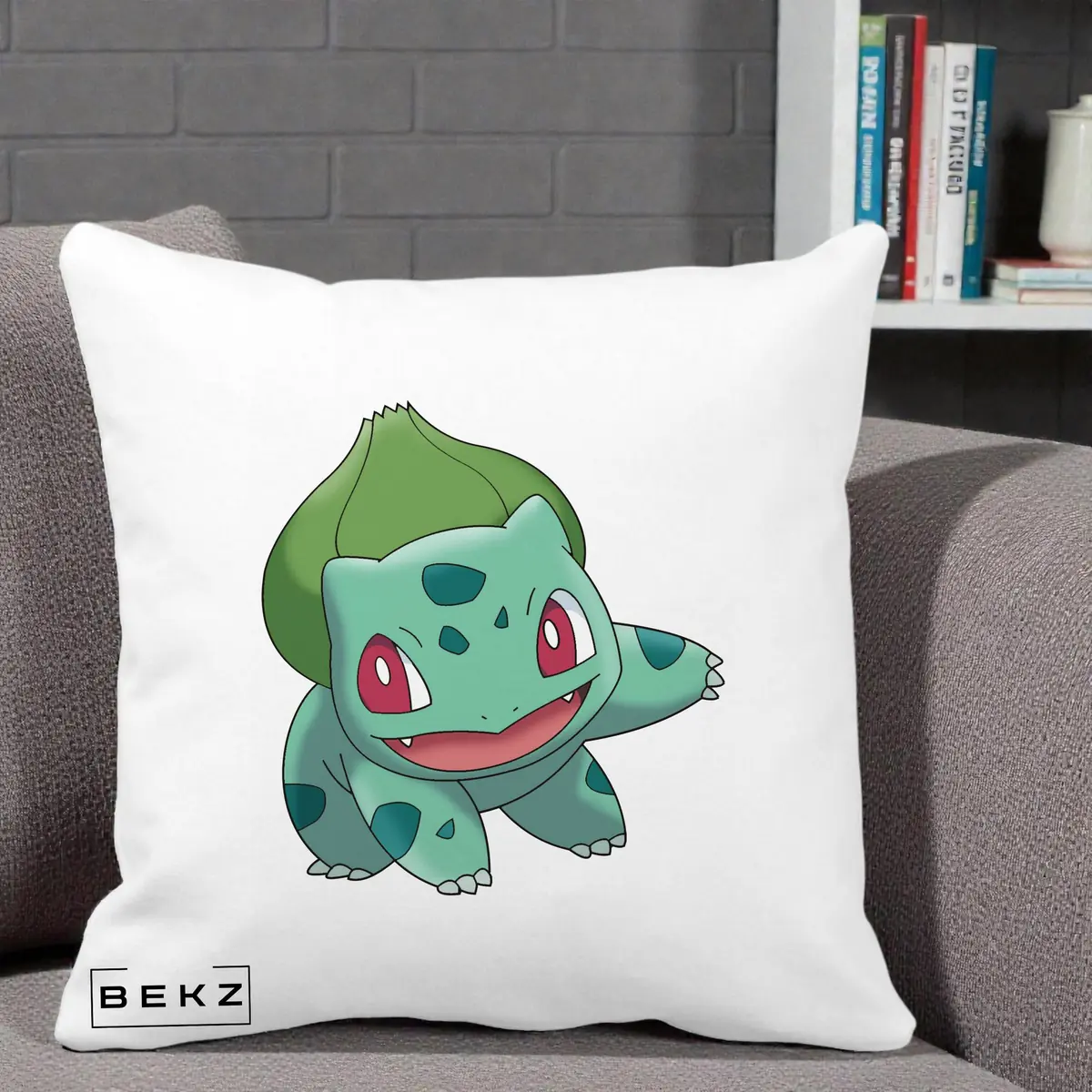 Perna Decorativa Bulbasaur Pokemon, 40x40 cm, Alba Mata, Husa Detasabila, Perna, BEKZ®