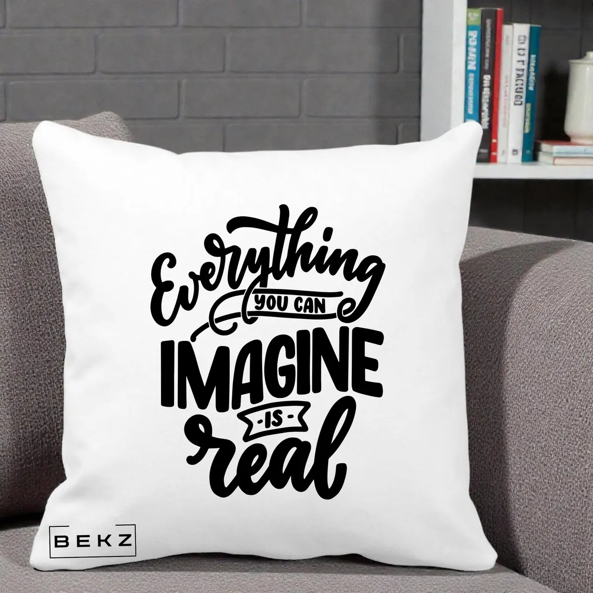 Perna Decorativa Everything You Can Imagine Is Real, 40x40 cm, Alba Mata, Husa Detasabila, Perna, BEKZ®