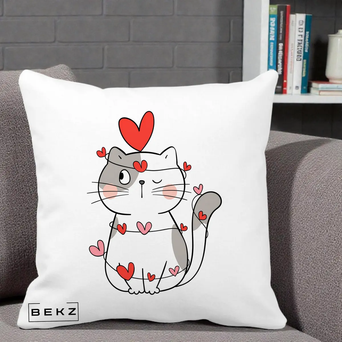 Perna Decorativa Pisica Kawaii cu Inimi, 40x40 cm, Alba Mata, Husa Detasabila, Perna, BEKZ®