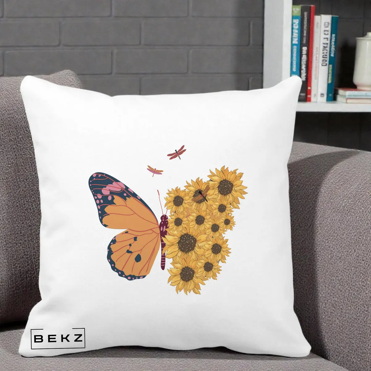 Perna Decorativa Fluture Floarea-Soarelui, 40x40 cm, Alba Mata, Husa Detasabila, Perna, BEKZ®