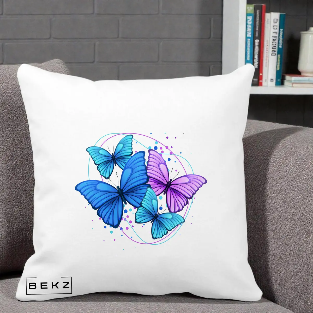 Perna Decorativa Trei Fluturi Albastru-Violet, 40x40 cm, Alba Mata, Husa Detasabila, Perna, BEKZ®