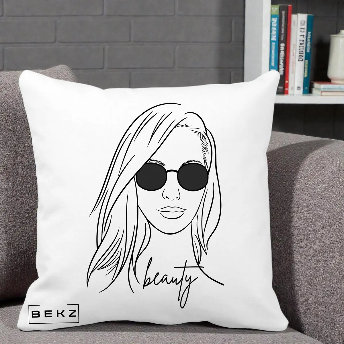 Perna Decorativa Beauty Girl Line Art, 40x40 cm, Alba Mata, Husa Detasabila, Perna, BEKZ®