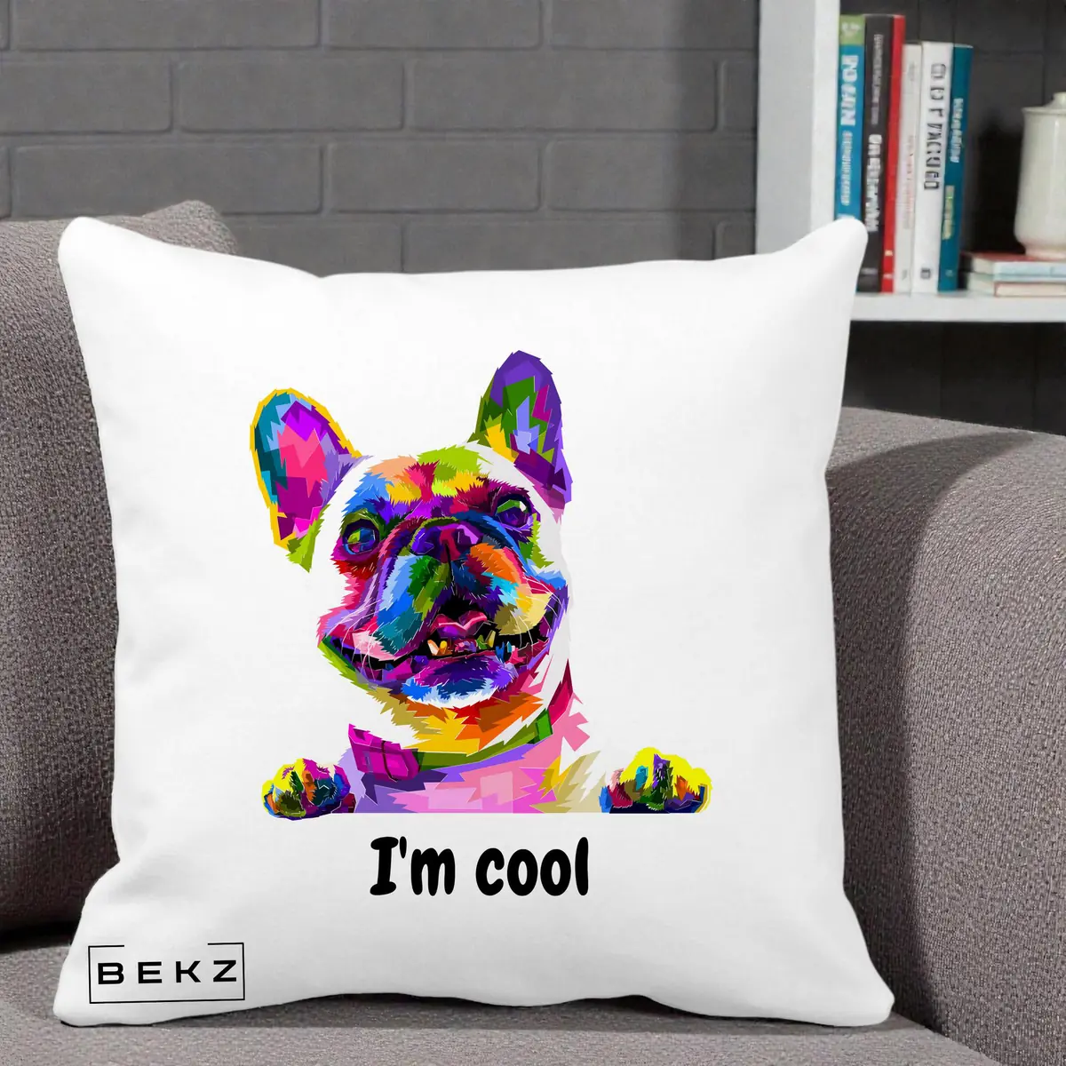 Perna Decorativa Bulldog Francez I'm Cool, 40x40 cm, Alba Mata, Husa Detasabila, Perna, BEKZ®