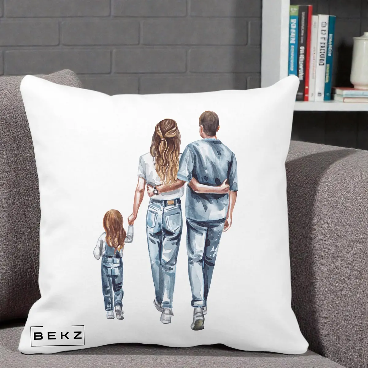 Perna Decorativa Familie Acuarela Jeans, 40x40 cm, Alba Mata, Husa Detasabila, Perna, BEKZ®