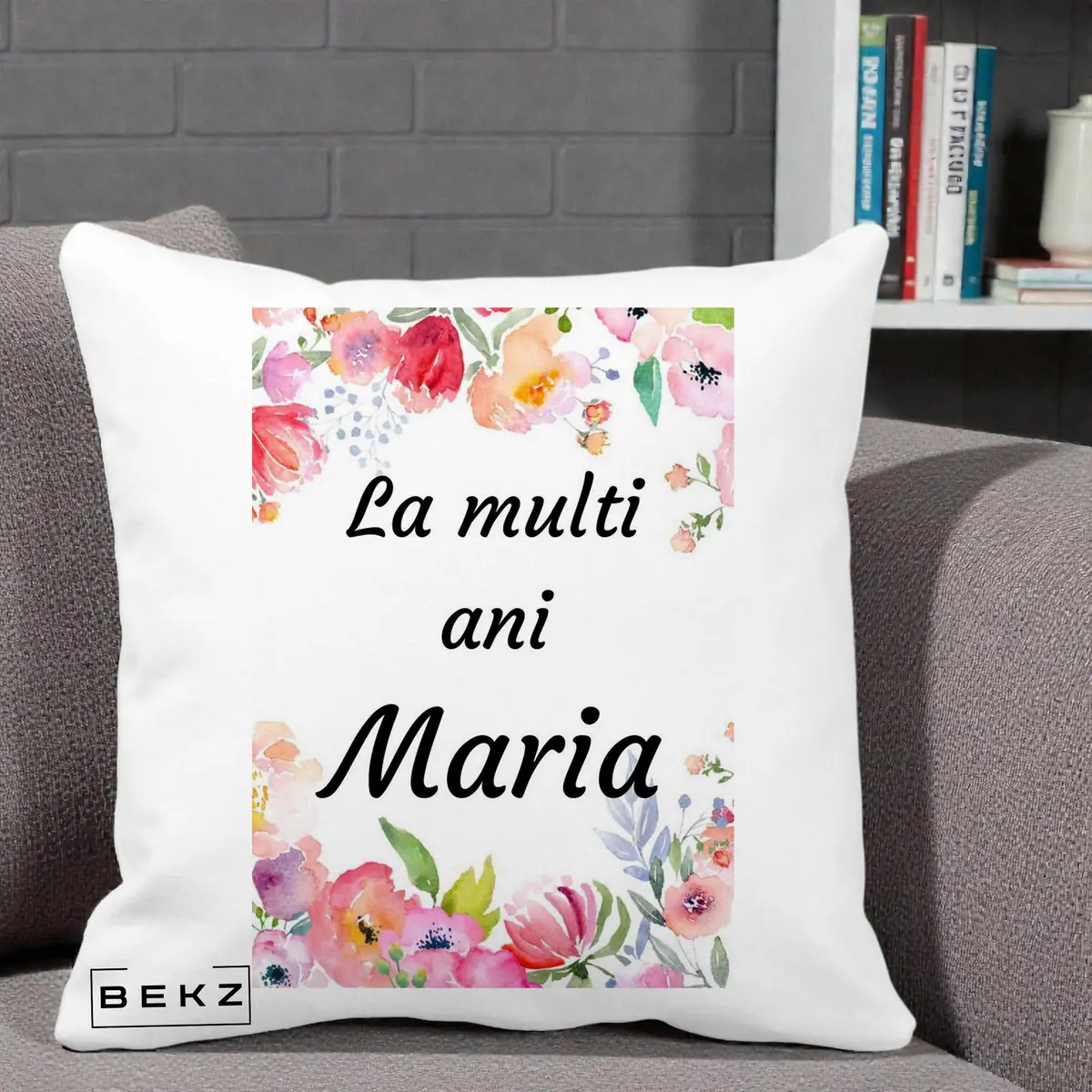 Perna Decorativa La Multi Ani Maria Flori Acuarela, 40x40 cm, Alba Mata, Husa Detasabila, Perna, BEKZ®