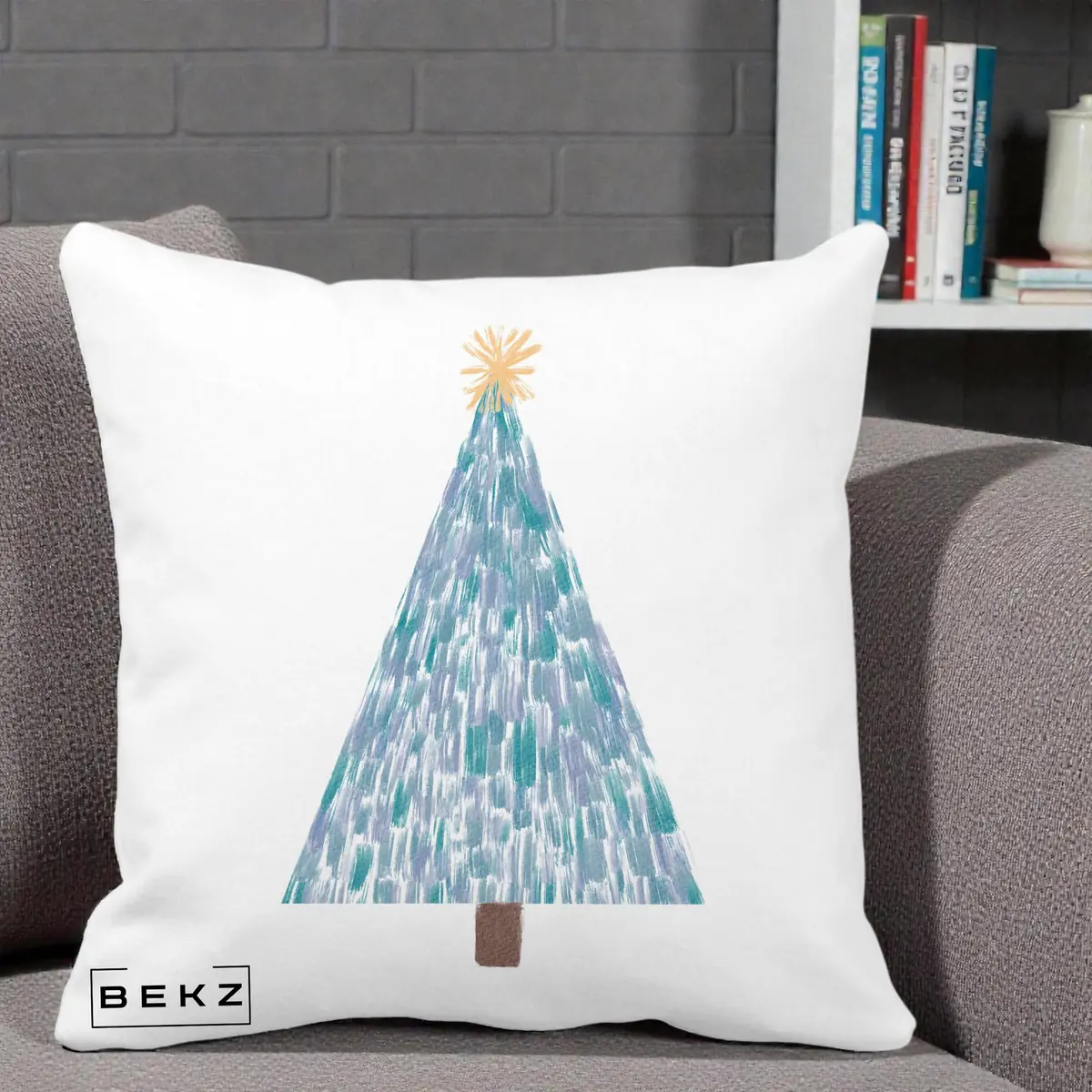 Perna Decorativa Brad de Craciun Acrilic Albastru, 40x40 cm, Alba Mata, Husa Detasabila, Perna, BEKZ®