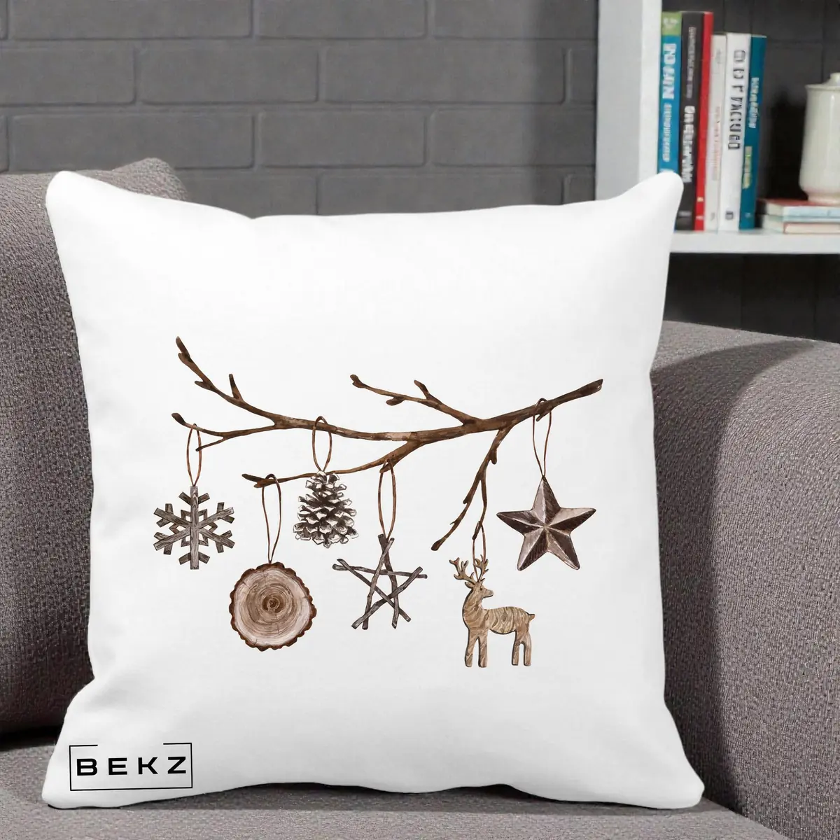 Perna Decorativa Ornamente de Lemn pe Ramura, 40x40 cm, Alba Mata, Husa Detasabila, Perna, BEKZ®