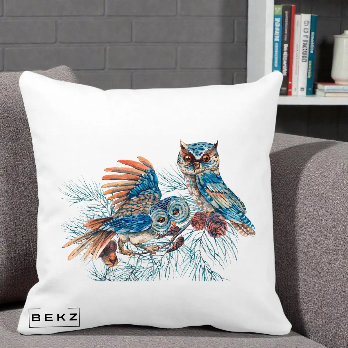Perna Decorativa Bufnite de Iarna Albastre, 40x40 cm, Alba Mata, Husa Detasabila, Perna, BEKZ®