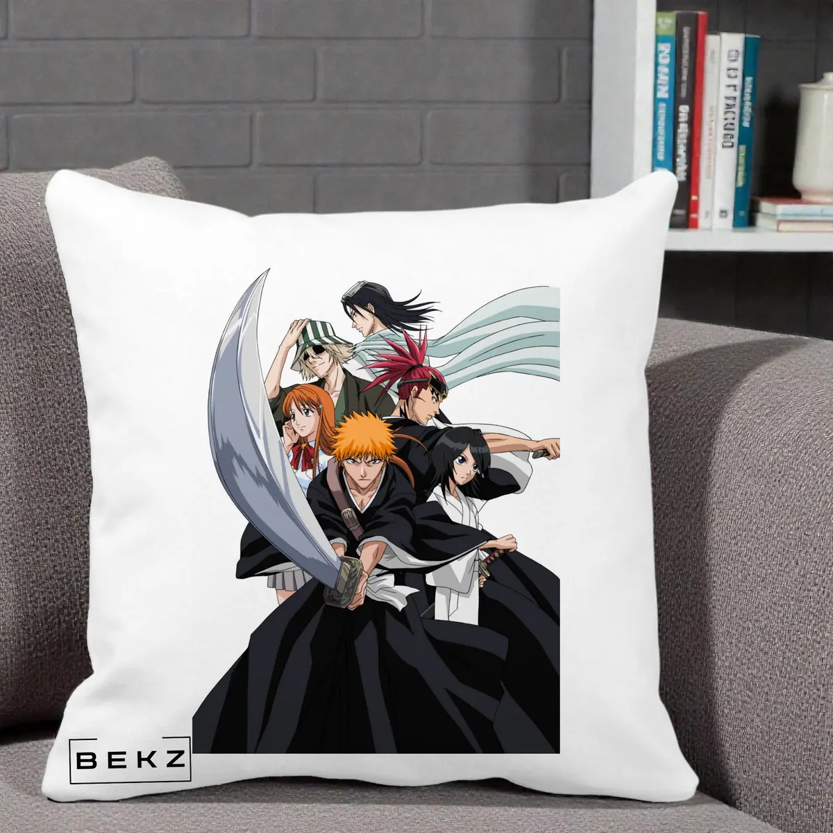Perna Decorativa Bleach Grup Complet Ichigo si Prietenii, 40x40 cm, Alba Mata, Husa Detasabila, Perna, BEKZ®