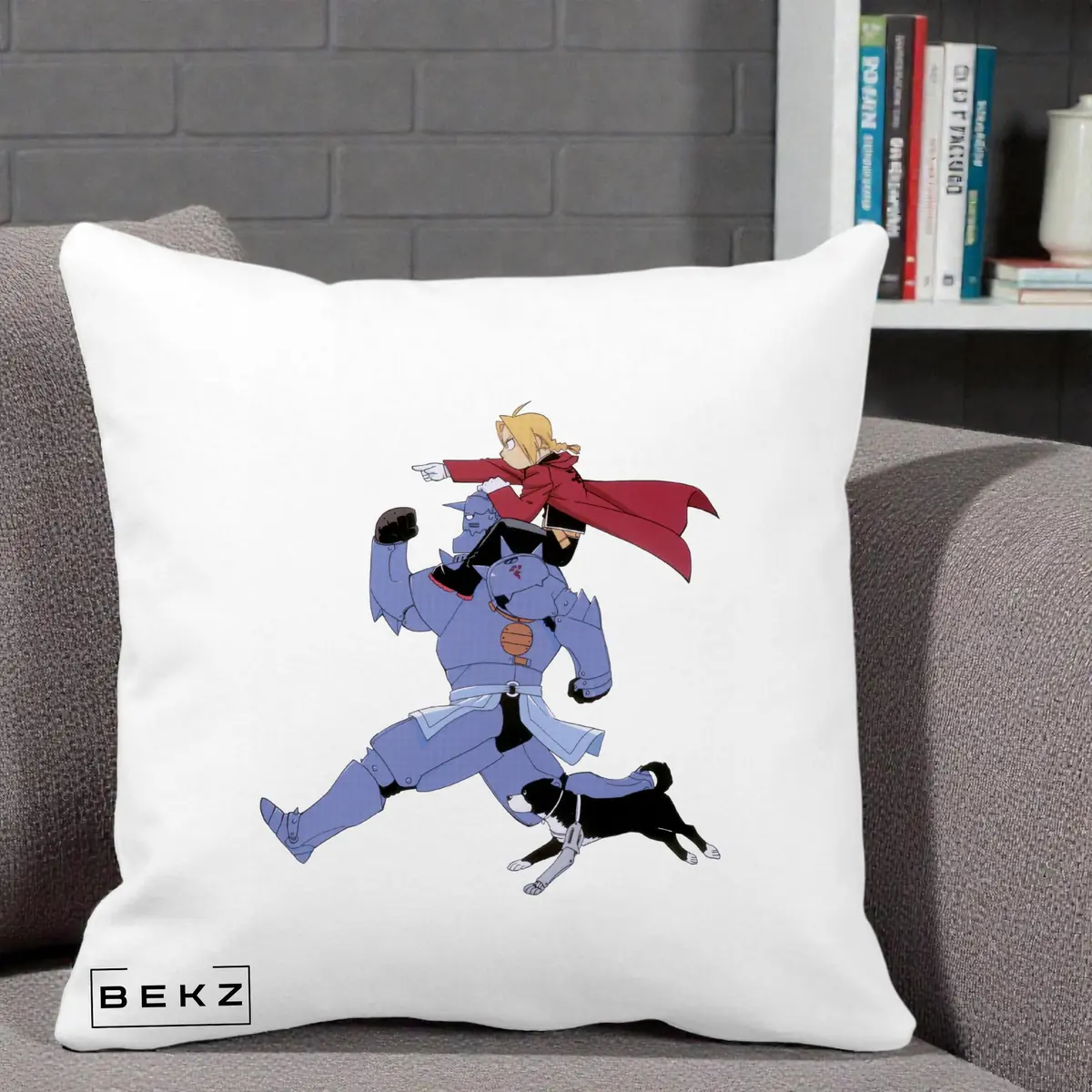 Perna Decorativa Fullmetal Alchemist Edward si Alphonse, 40x40 cm, Alba Mata, Husa Detasabila, Perna, BEKZ®