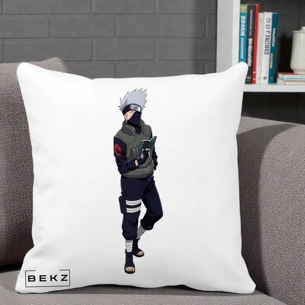 Perna Decorativa Naruto Kakashi Hatake Portret Complet, 40x40 cm, Alba Mata, Husa Detasabila, Perna, BEKZ®