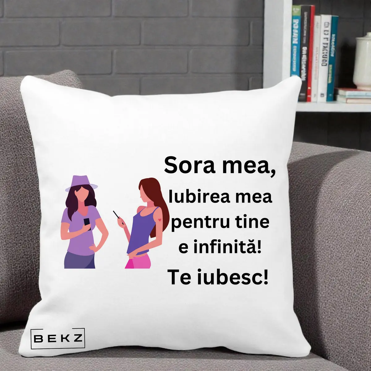 Perna Decorativa Sora Mea Te Iubesc Siluete Negre Tinand Maini, 40x40 cm, Alba Mata, Husa Detasabila, Perna, BEKZ®