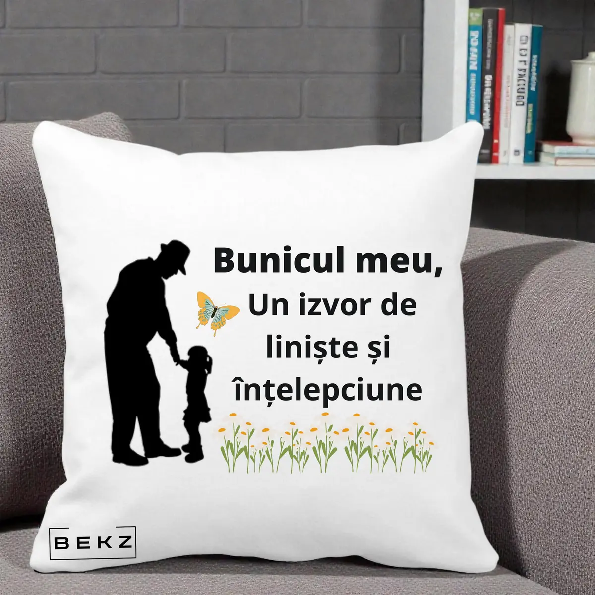 Perna Decorativa Bunicul Meu Izvor de Liniste cu Fluture si Fetita, 40x40 cm, Alba Mata, Husa Detasabila, Perna, BEKZ®