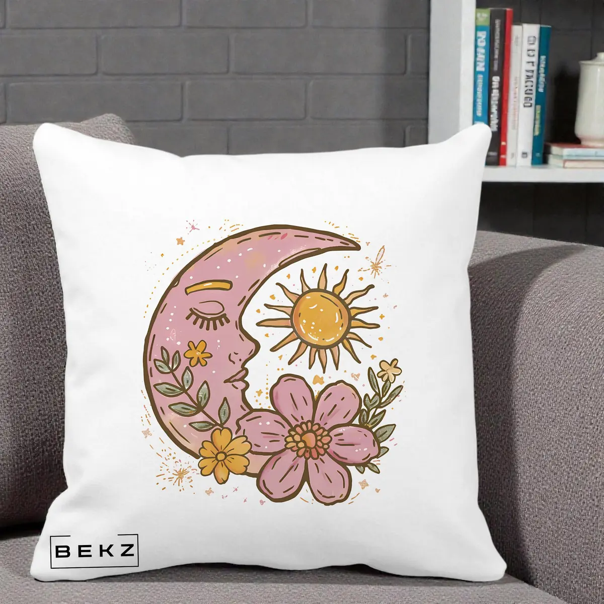 Perna Decorativa Luna si Soare Floral Boho, 40x40 cm, Alba Mata, Husa Detasabila, Perna, BEKZ®