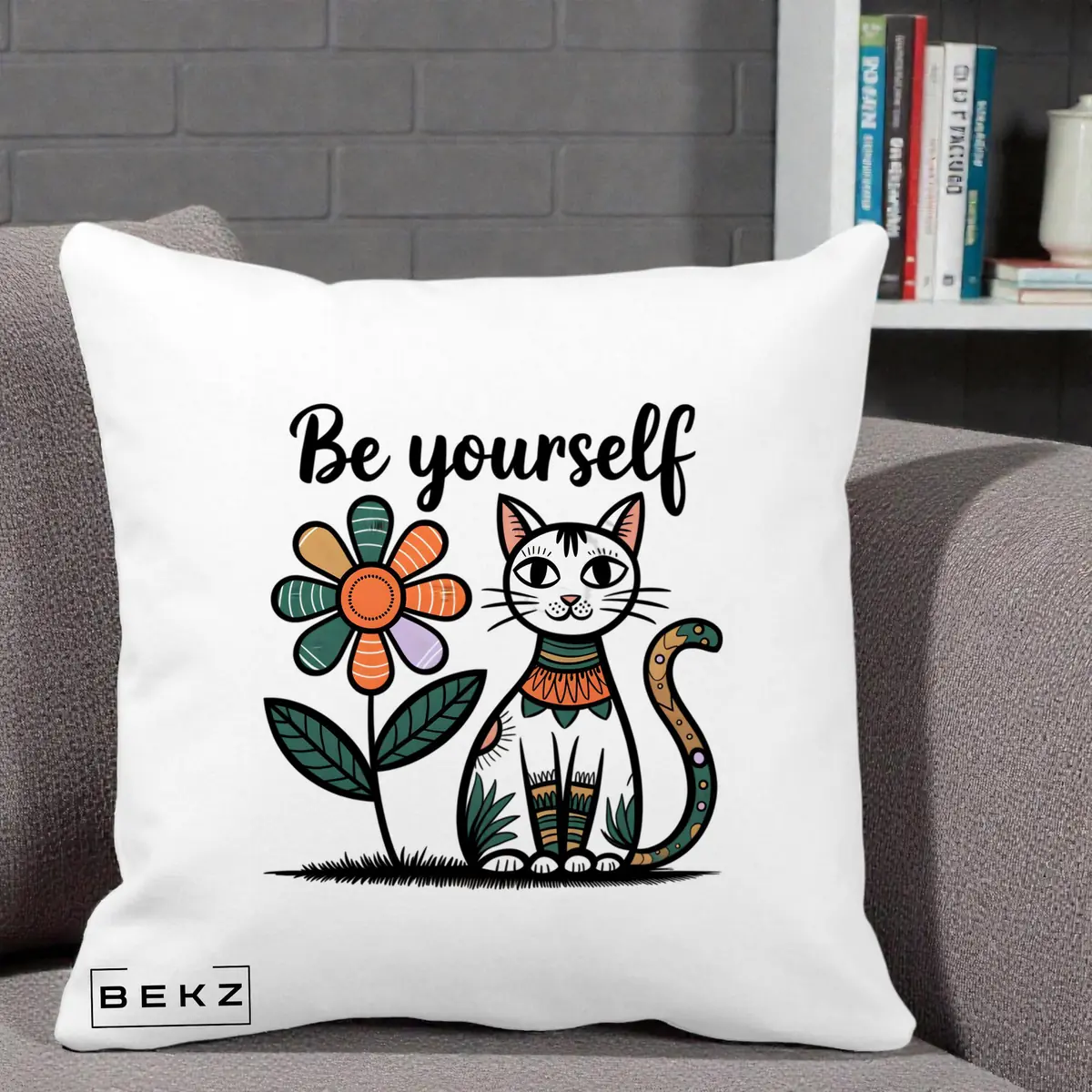 Perna Decorativa Be Yourself Pisica Folk, 40x40 cm, Alba Mata, Husa Detasabila, Perna, BEKZ®