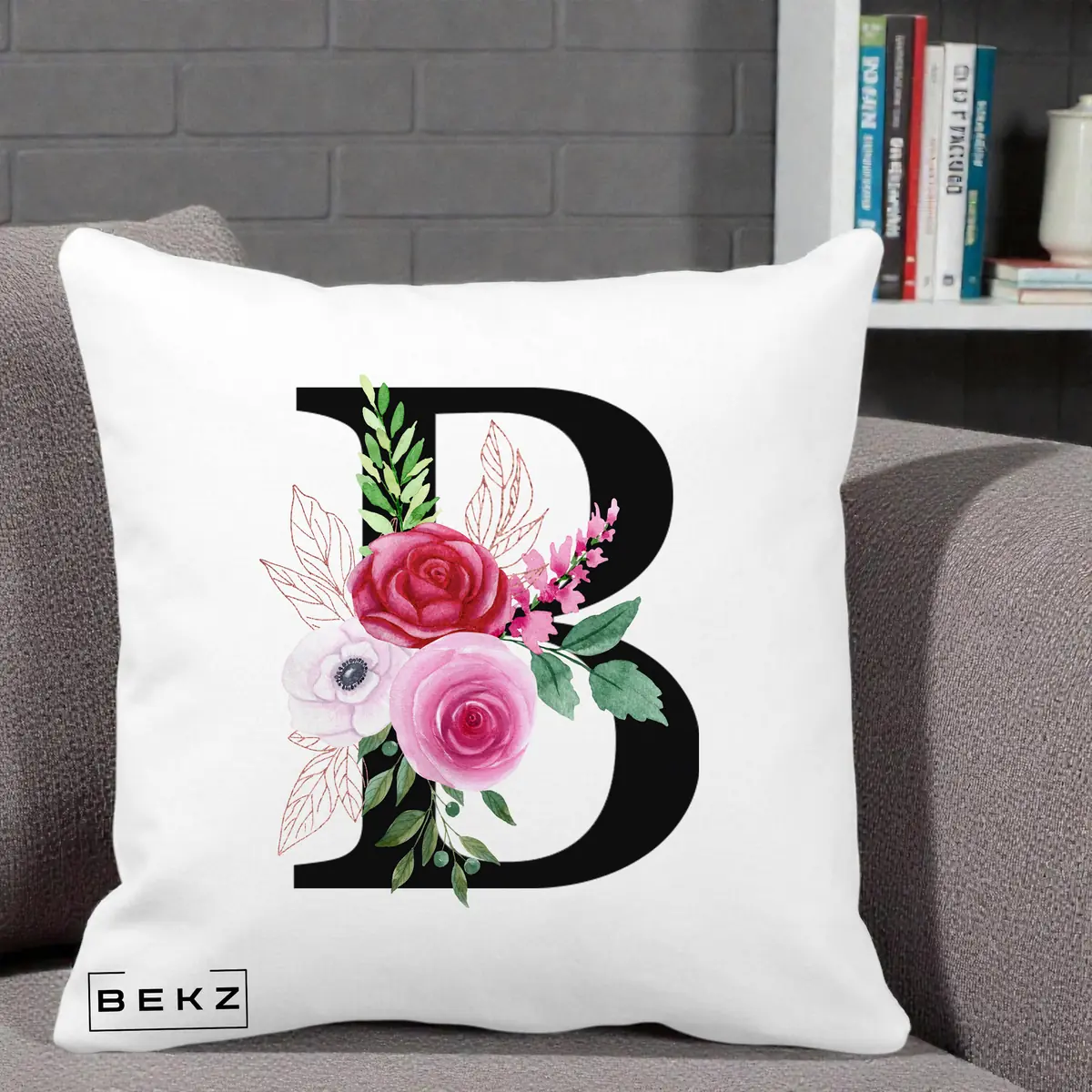 Perna Decorativa Monograma Florala Litera B, 40x40 cm, Alba Mata, Husa Detasabila, Perna, BEKZ®