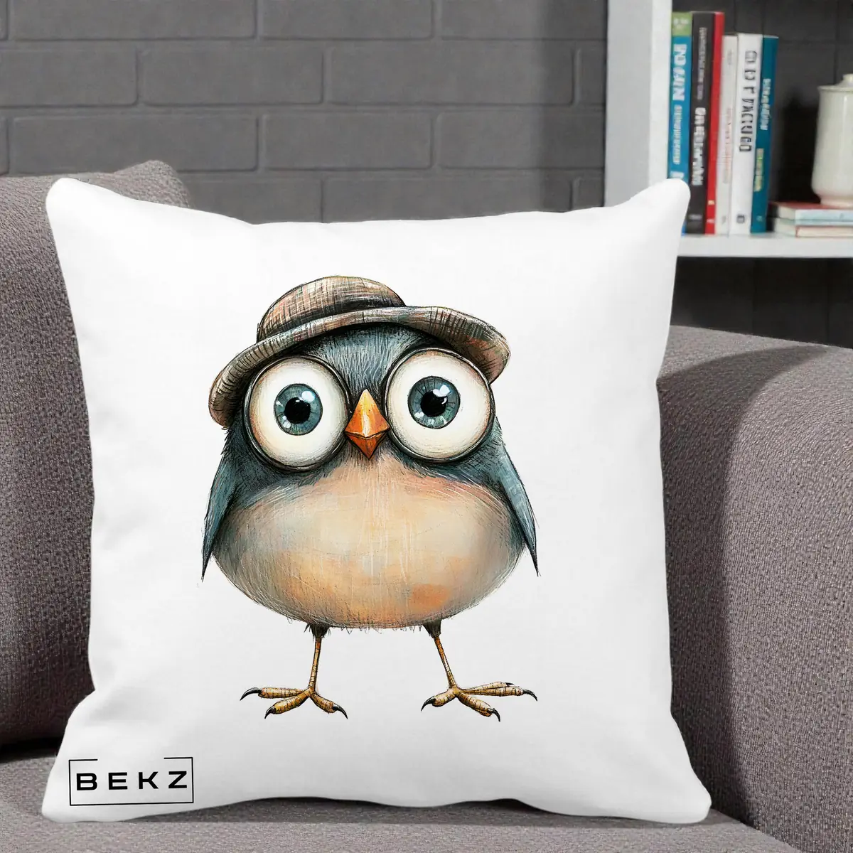Perna Decorativa Pui cu Palarie Rotunda, 40x40 cm, Alba Mata, Husa Detasabila, Perna, BEKZ®