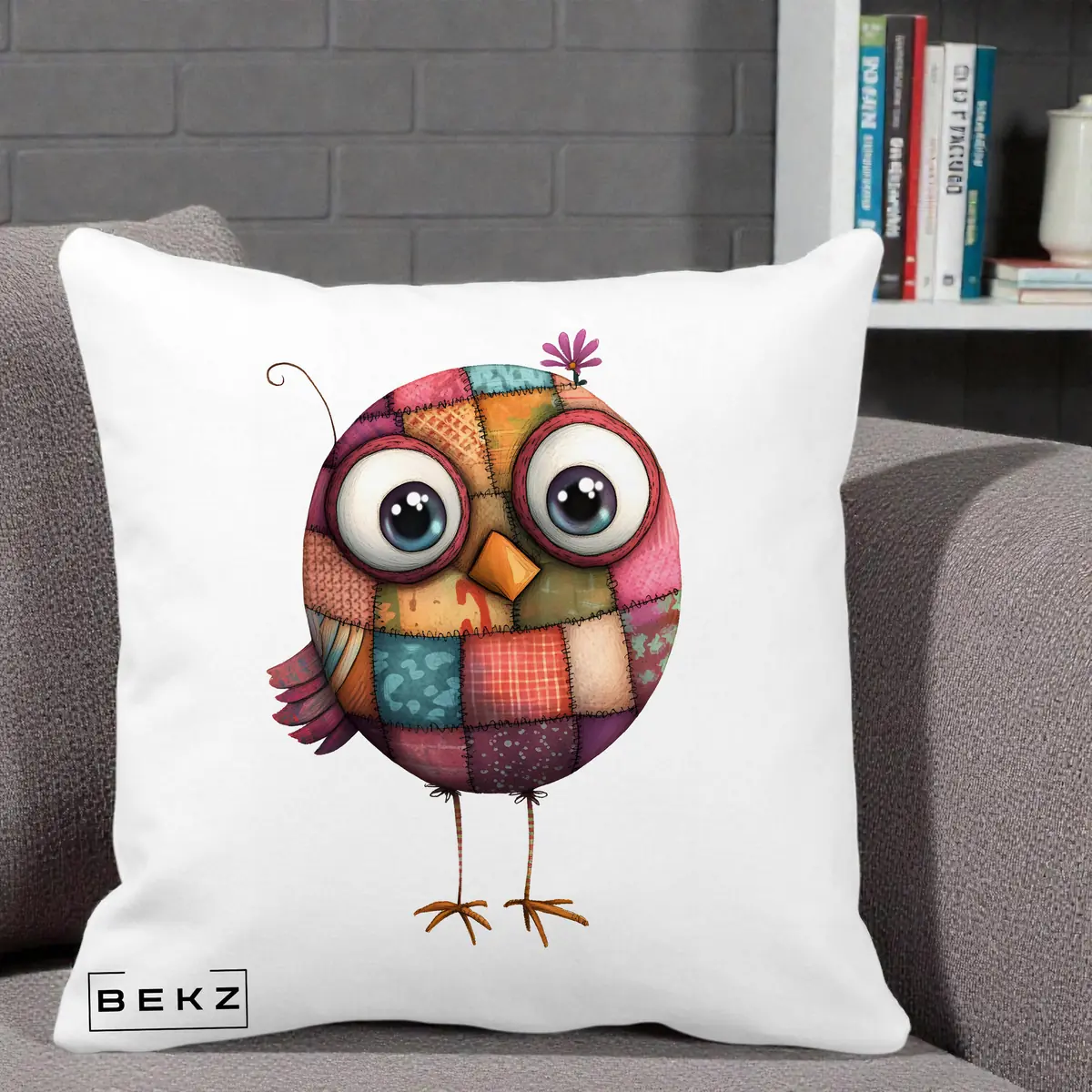 Perna Decorativa Pasare Patchwork Roz cu Floare, 40x40 cm, Alba Mata, Husa Detasabila, Perna, BEKZ®