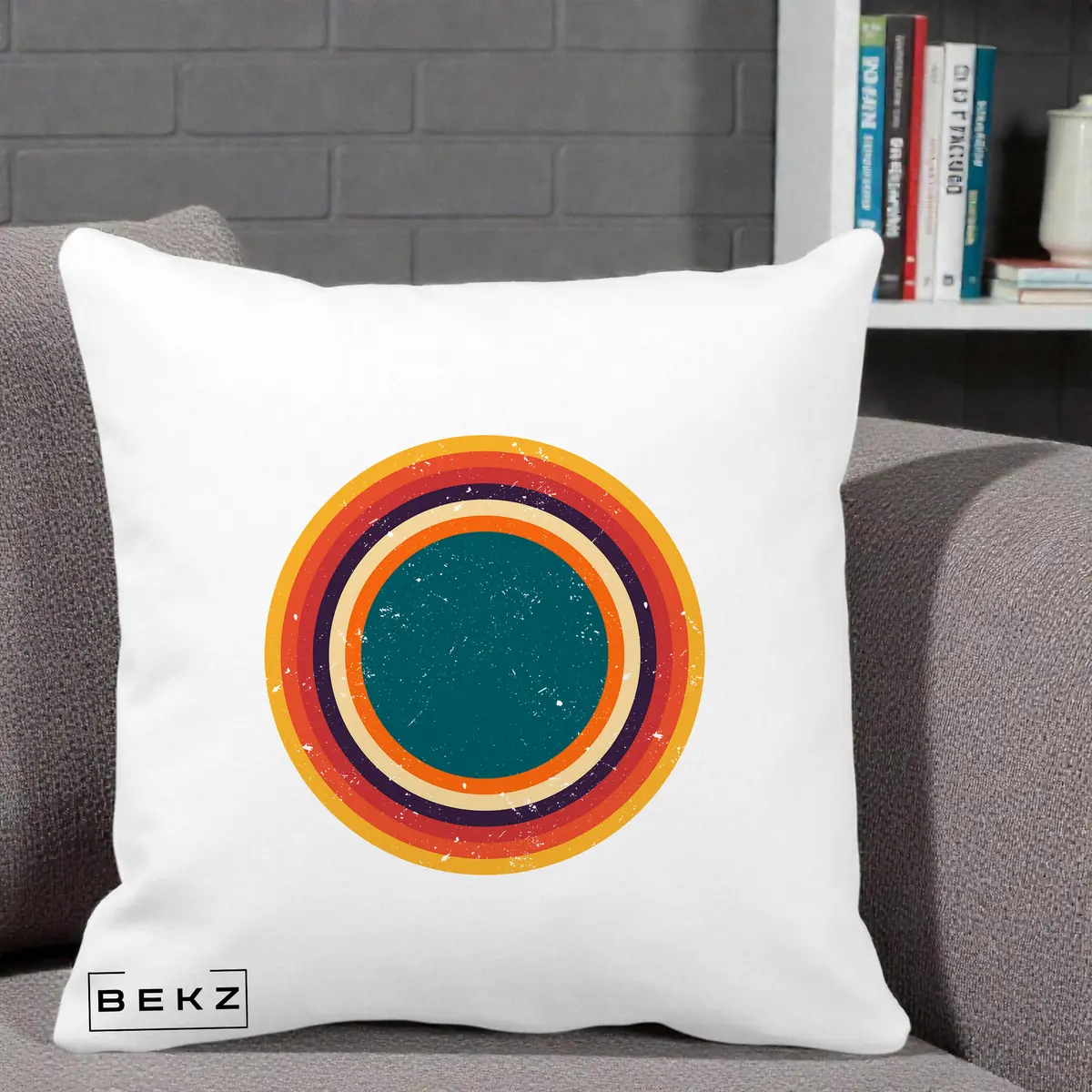 Perna Decorativa Retro Cerc Concentric Geometric Vintage, 40x40 cm, Alba Mata, Husa Detasabila, Perna, BEKZ®