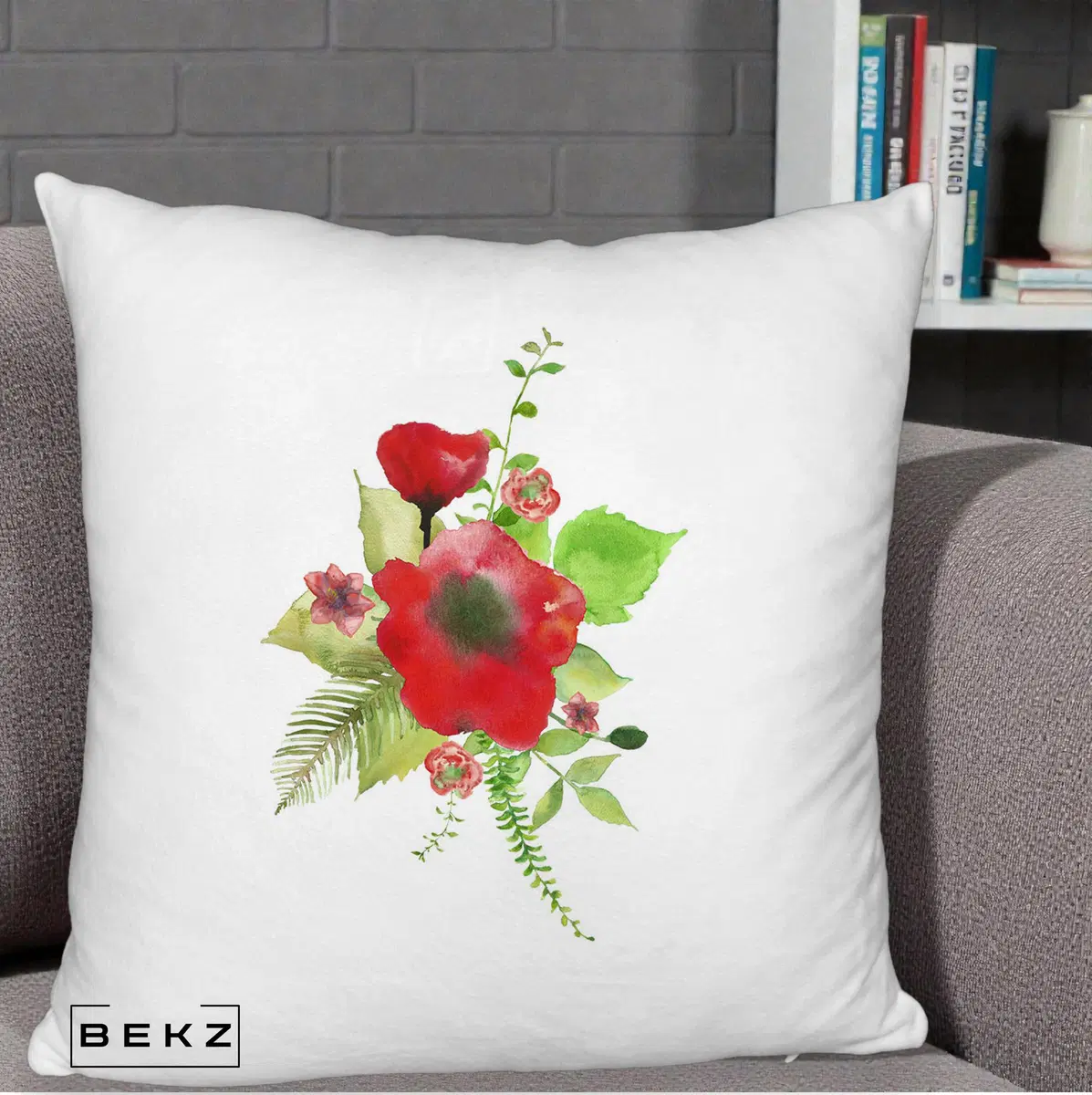 Perna Decorativa Buchet Rosu Acuarela, 40x40 cm, Alb Pufos, Husa Detasabila, Perna, BEKZ®