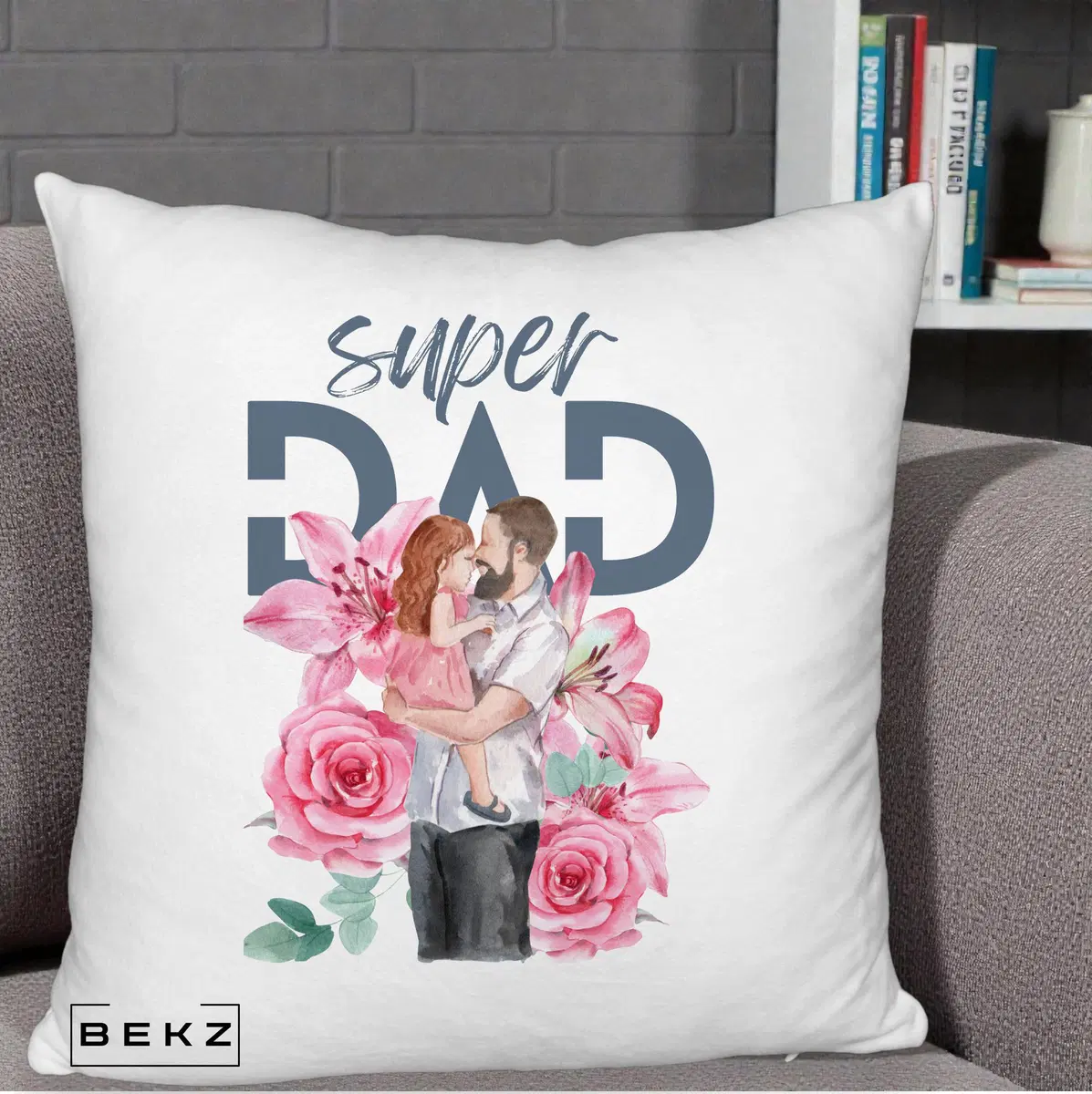 Perna Decorativa Super Dad Tata cu Fetita si Flori, 40x40 cm, Alb Pufos, Husa Detasabila, Perna, BEKZ®