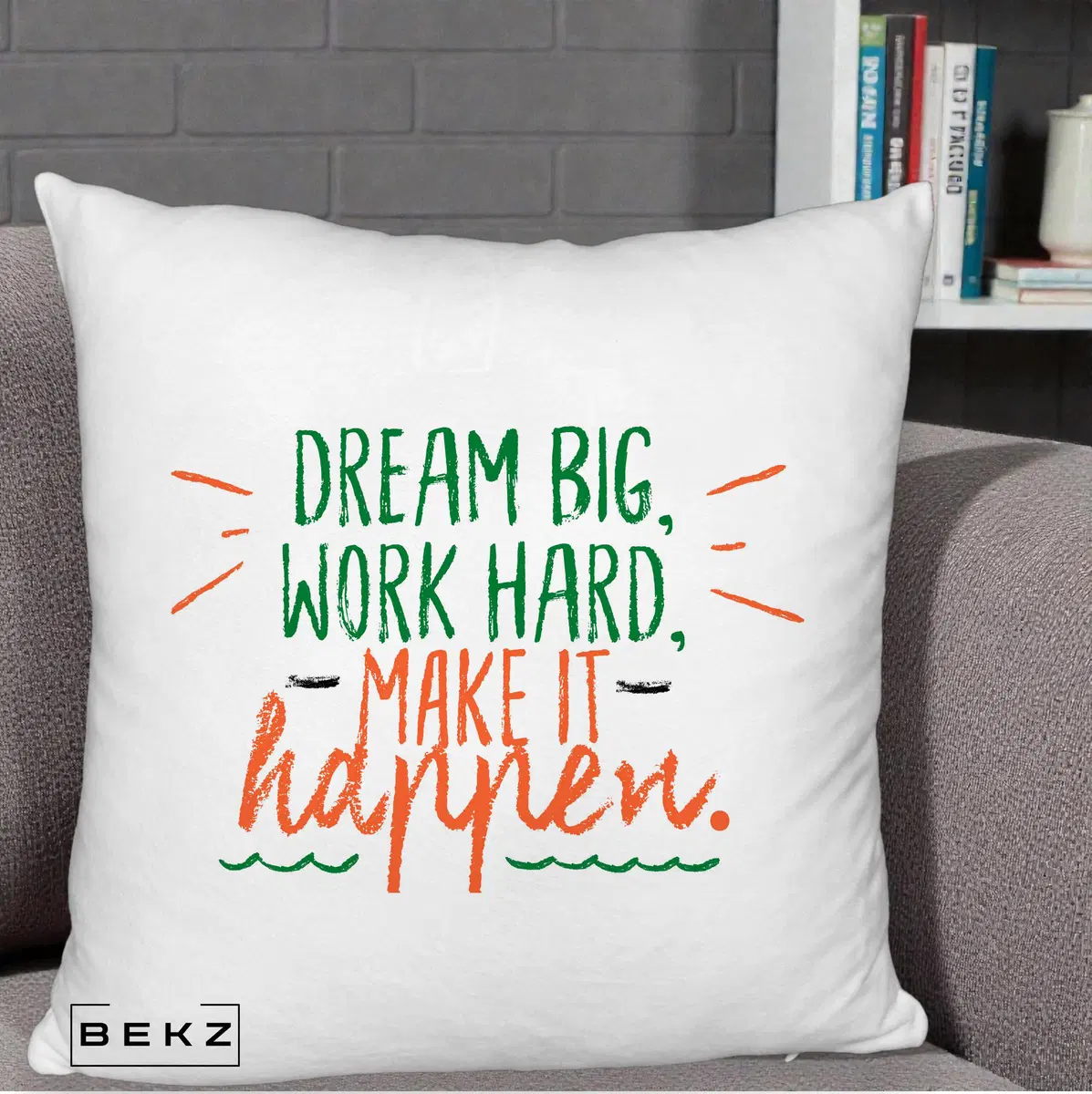 Perna Decorativa Dream Big Work Hard Mesaj Motivational, 40x40 cm, Alb Pufos, Husa Detasabila, Perna, BEKZ®