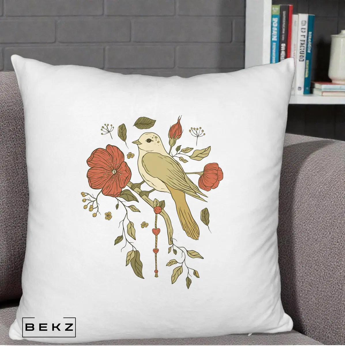 Perna Decorativa Pasare pe Ramura cu Maci, 40x40 cm, Alb Pufos, Husa Detasabila, Perna, BEKZ®